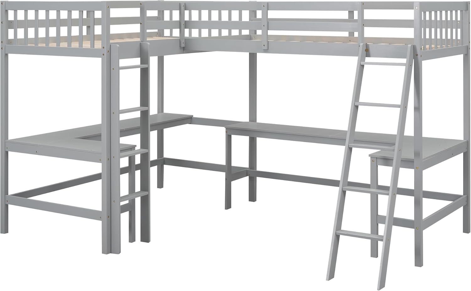 L-Shaped Double Twin Size Loft Beds for 2, Wooden Double High Loft Bed Frame with 2 Built-in Desks and Ladder for Kids, Teens, Adults, Gray