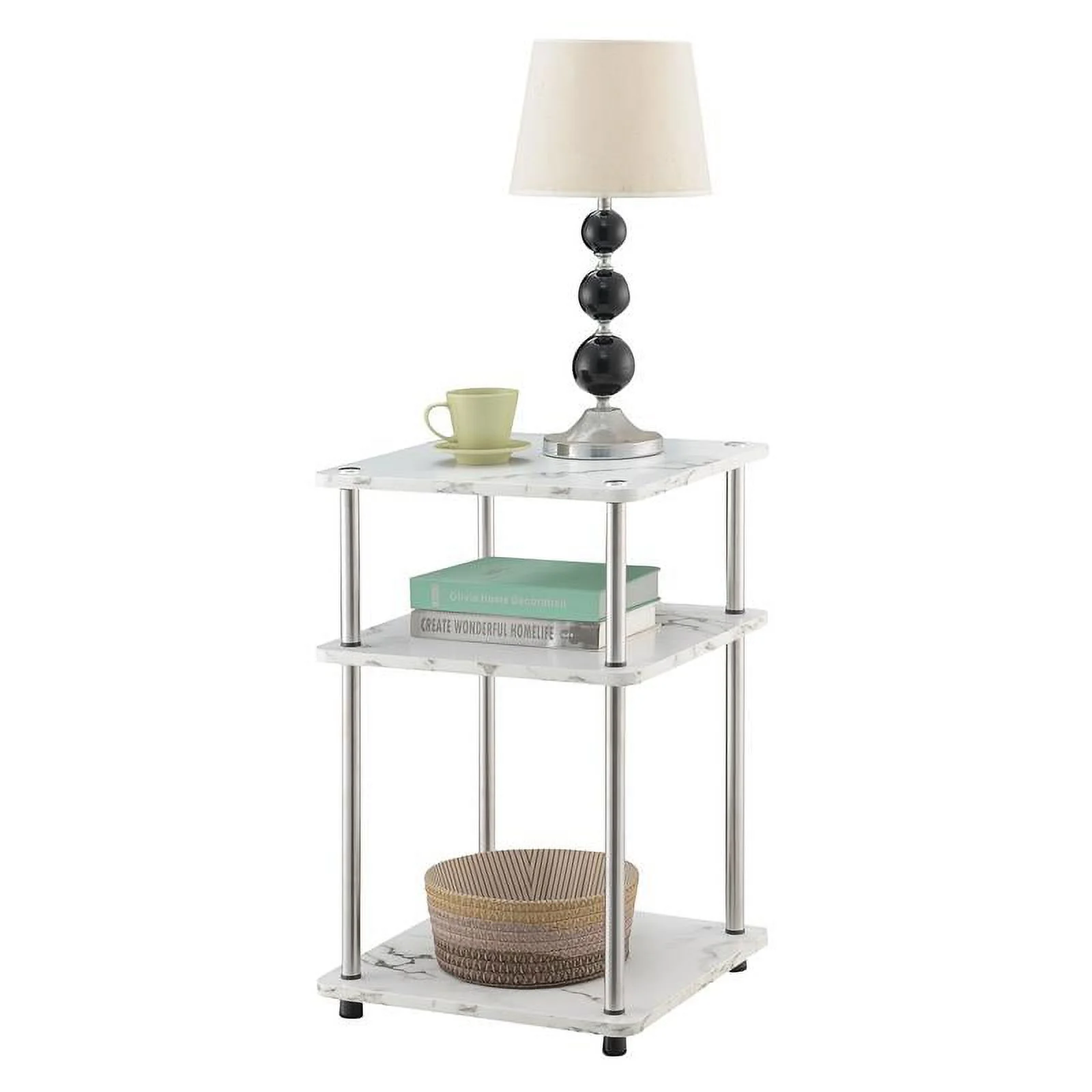 Home Square Three-Tier End Table in White Faux Marble - Set of 2