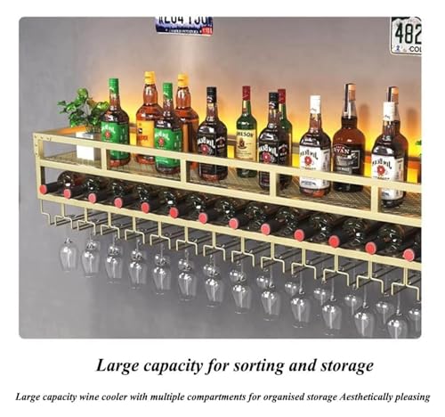 Bar Unit Floating Shelves, 2-Layer Industrial Style Wall Mounted Wine Rack Inverted Wine Glass Rack with LED Light for Home Bar Dining Room Decor All-Round Anti-Fall Guardrail