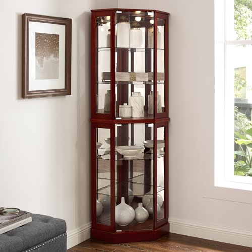 Goujxcy 72" Tall Corner Display Cabinet Lighted Curio Cabinet, 6-Tier Wood Curio Showcase Collection Art Display Case, Bar and Liquor Storage Area with Glass Doors and Adjustable Shelves (Cherry)