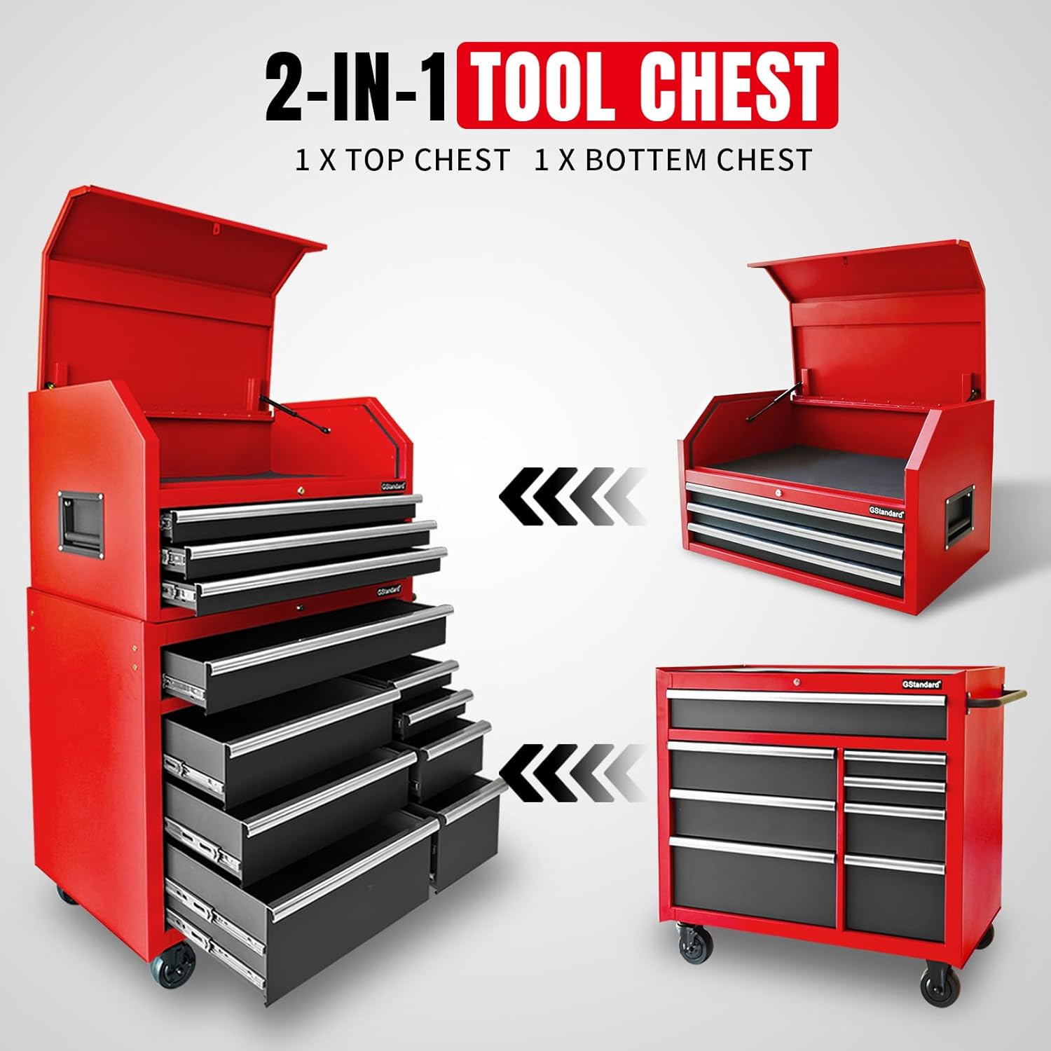 41-Inch Combo-11 Drawers,20-22 Gauge Steel Storage, Perfect for Organizing Your Garage,Warehouse,Or Workshop Heavy-Duty Tool Chest and Cabinet, Black/Red