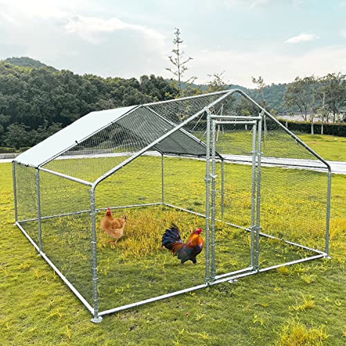 Large Metal Chicken Coop Walk-in Poultry Cage Chicken Run Pen Dog Kennel with Waterproof and Anti-Ultraviolet Cover for Outdoor Farm Use(9.8' L x 19.7' W x 6.4' H)