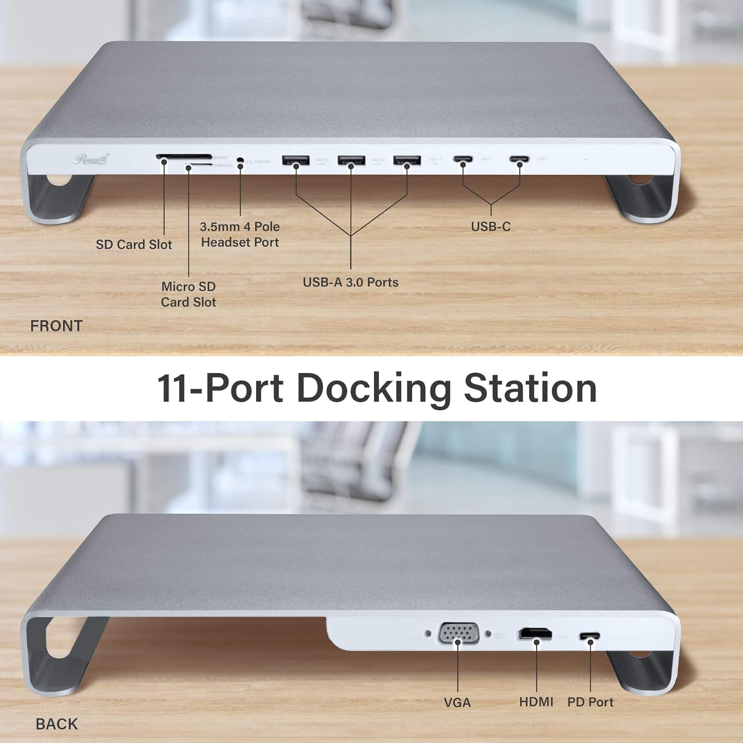 Rosewill USB-C 11-Port Docking Station Monitor Stand USB C Hub with 100W up to Power Delivery | Fast Charging | Laptop Charger | Fast Data Transfer Speeds 5Gbps | 4K Video Output (RHUB-20006)