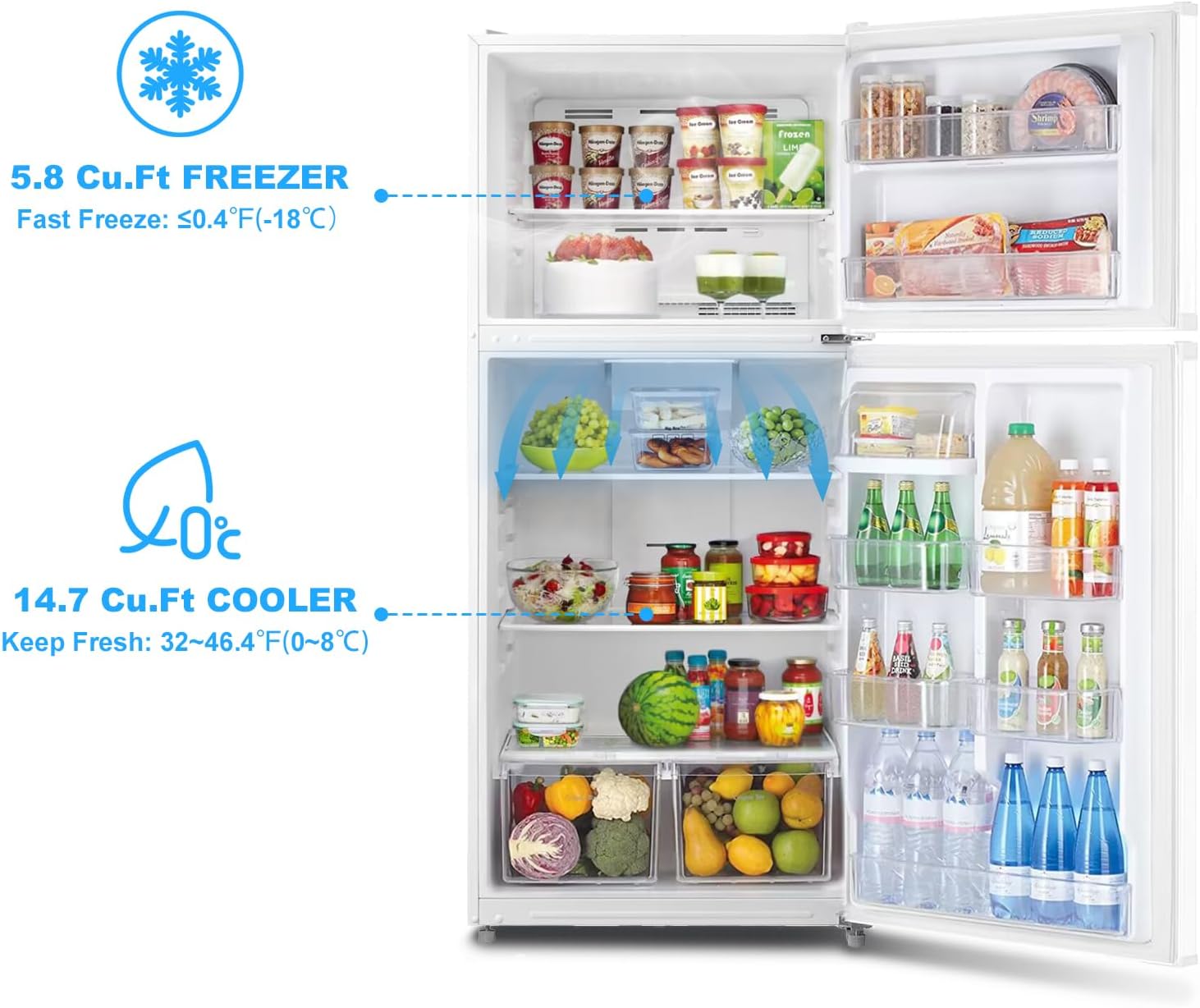 30" Top Freezer Refrigerator with 20.5 Cu.Ft Total Capacity, Freestanding 2- Door Fridge with 5.8 Cu.Ft Upright Freezer, Reversible Door, LED Light, Garage Ready, 110V, White