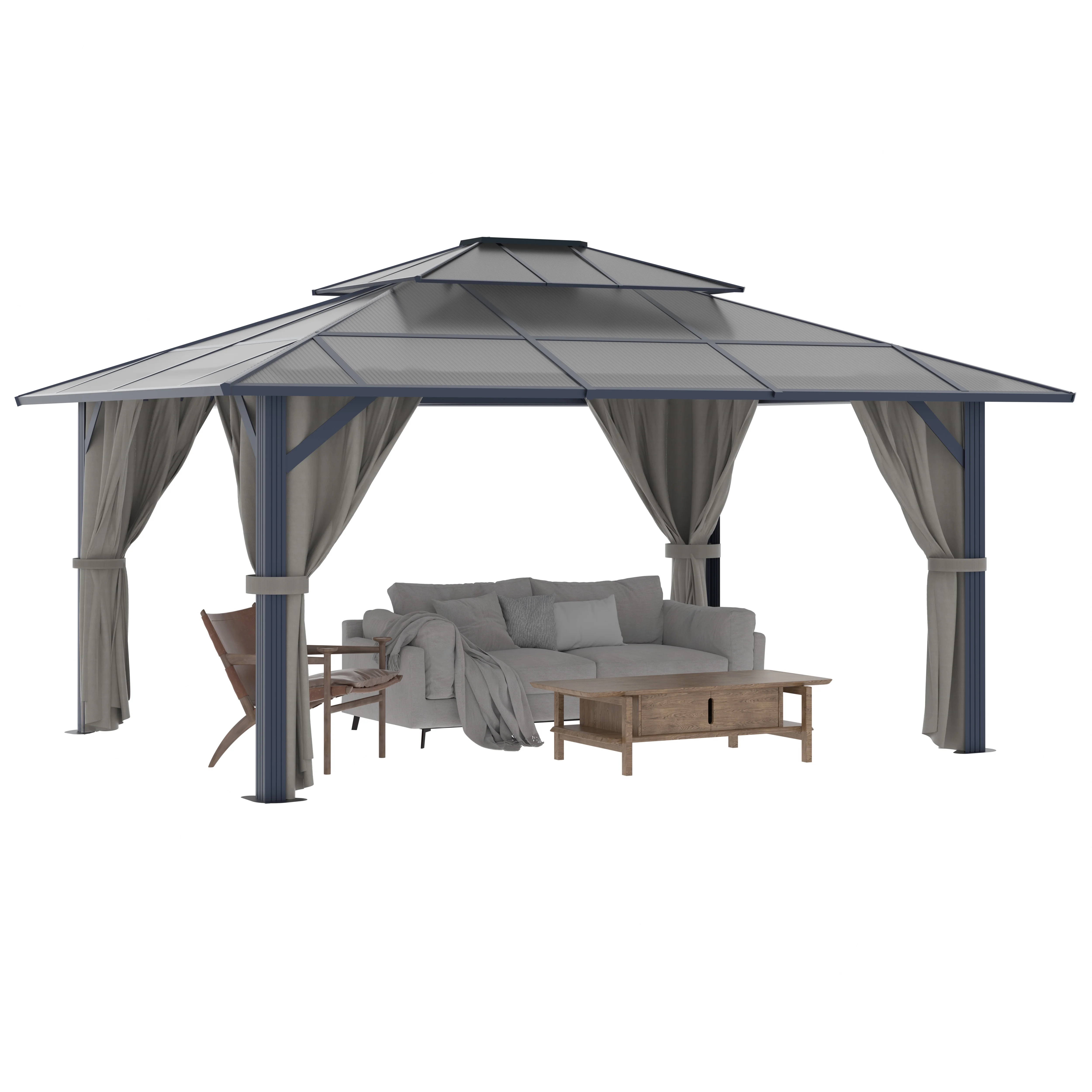 VEIKOUS 10ft x 13ft Outdoor Double Roof Gazebo w/ Netting & Curtains - Aluminum Frame Permanent Pergola for Garden Patio Lawns Parties - Curated Treasures Market