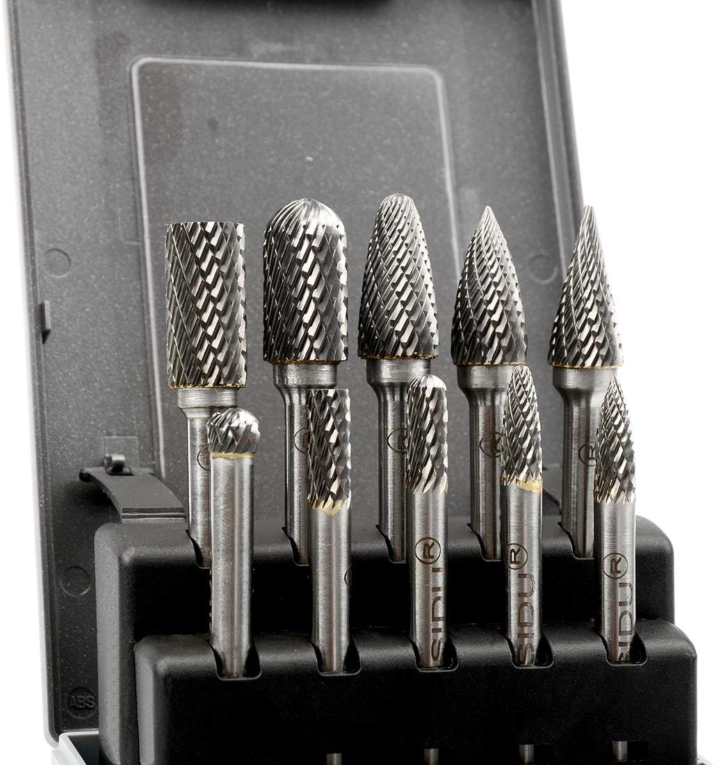 OSIDU Carbide Burr Set 10pcs Die Grinder Bits 1/2 Inch Cutting Burrs 1/4 Inch Shank Double Cut Carbide Rotary Burr Set for Die Grinder Drill,Metal Carving,Polishing,Engraving,Drilling