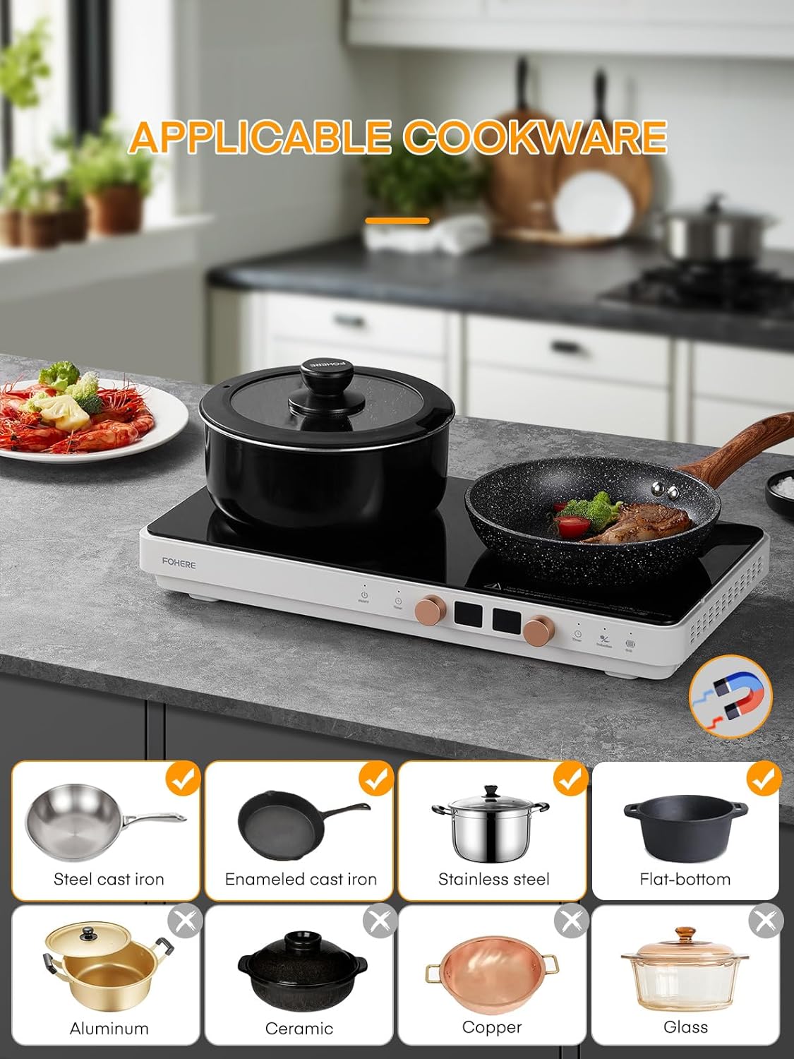 FOHERE Double Induction Cooktop with 2 Burners, 1800W Portable Cooktops with Removable Iron Cast Griddle Pan Non-stick, Independent Temperature Control, Sensor Touch, 8 Power Levels, 99 Min Timer