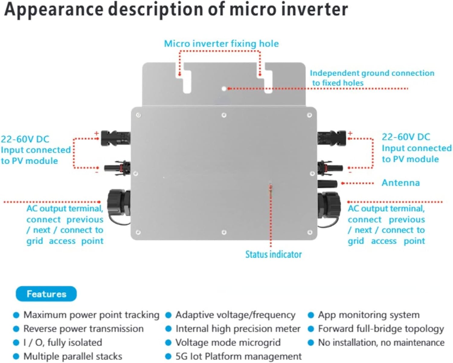 700W Micro Inverter Solar Grid Tie Microinverter IP65 WiFi Control Self Cooling 120/230V Automatic Identification Power Inverters