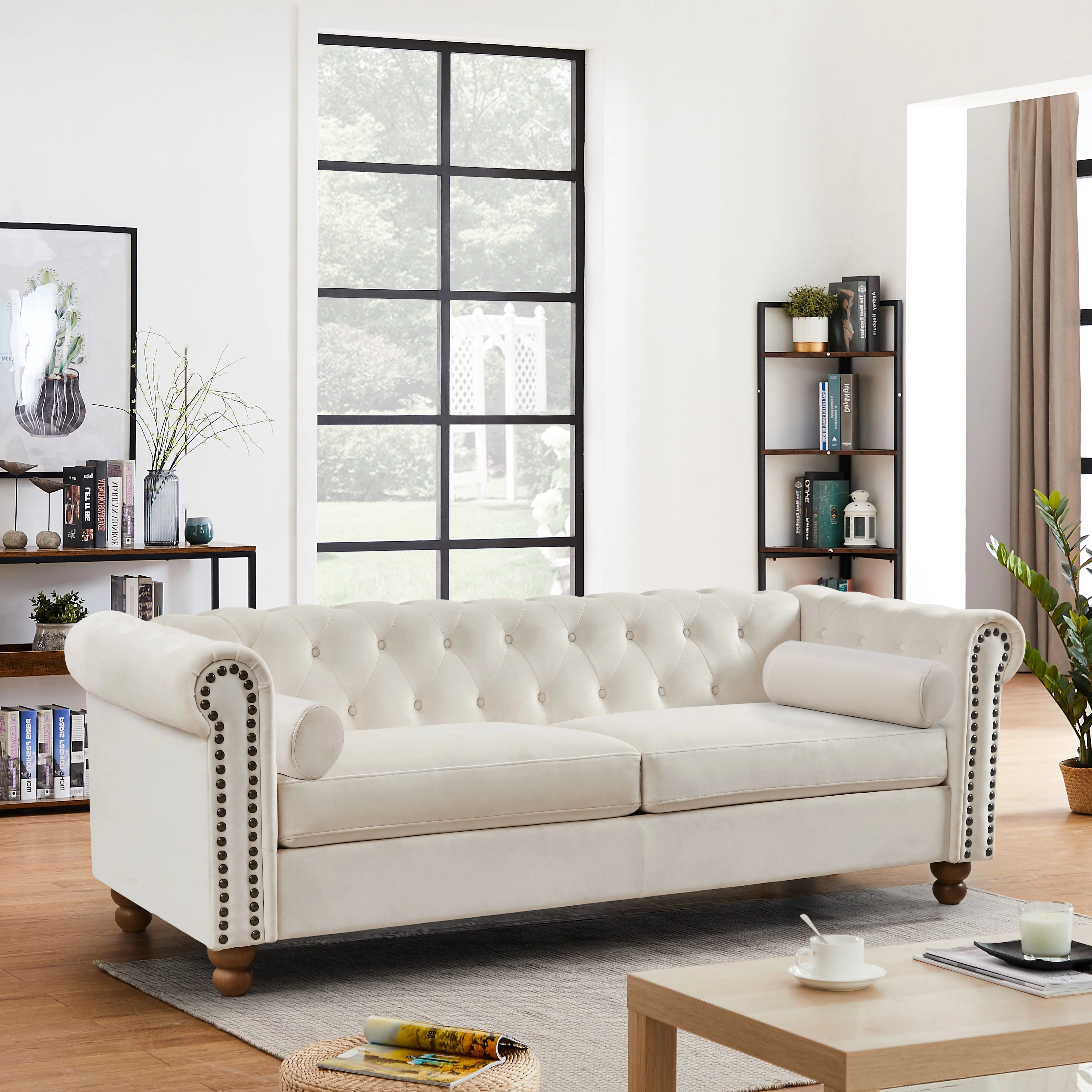 Chesterfield 3 Seater Velvet Button Tufted Sofa, Upholstered Couch with Nailhead Arms Solid Wood Legs for Living Room Office Bedroom Apartment