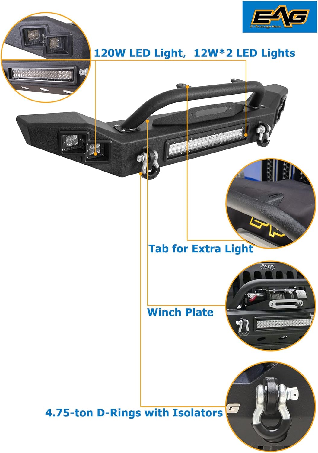 EAG LED Front Bumper with Winch Mount Plate Fit for 2020 2021 2022 Gladiator JT