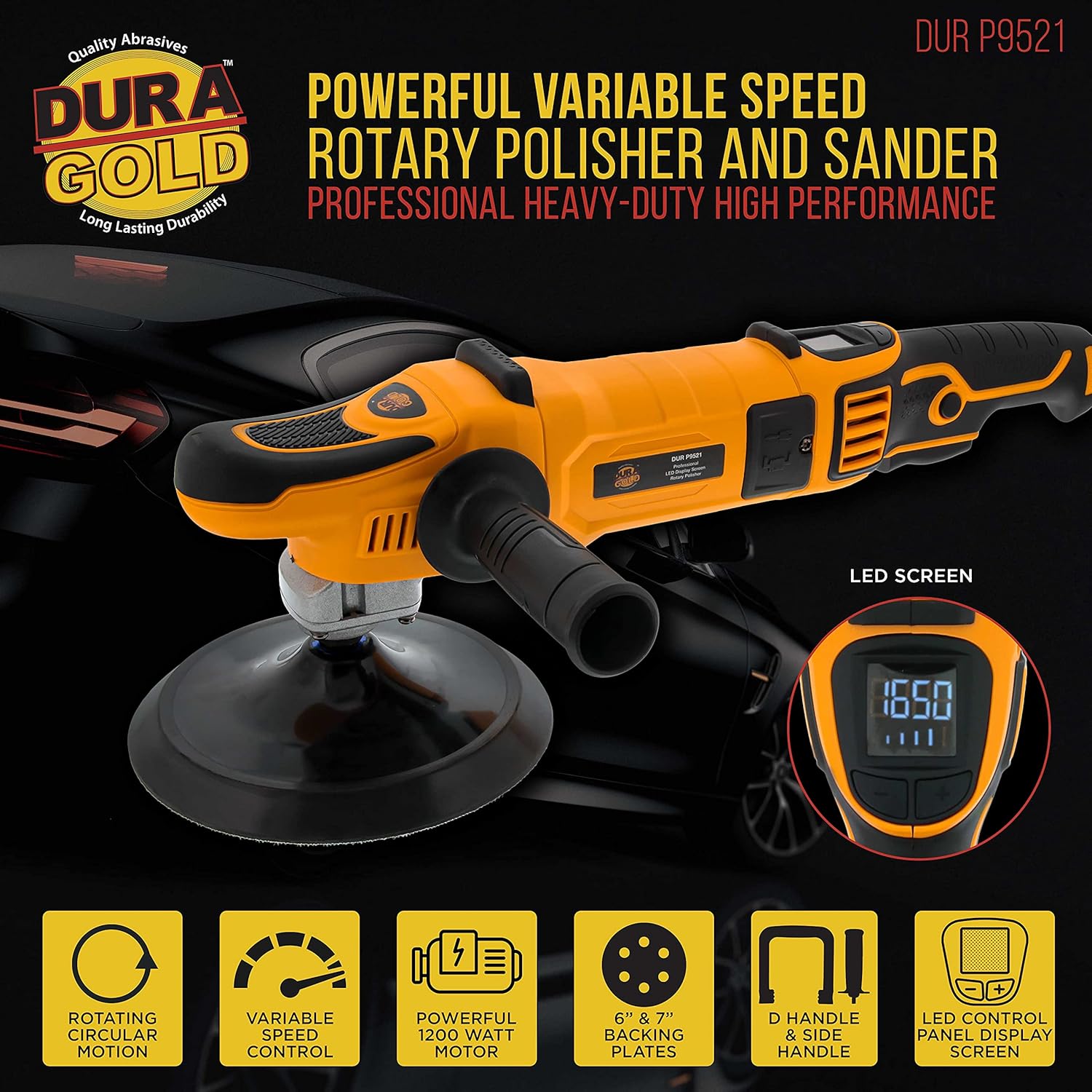 Dura-Gold Professional 7" Rotary Polisher Buffer Sander with Buffing & Polishing 8 Pad Kit, LED Variable Speed RPM Control, Heavy-Duty High-Performance, Powerful 1200 Watts - Car Auto Paint Detailing