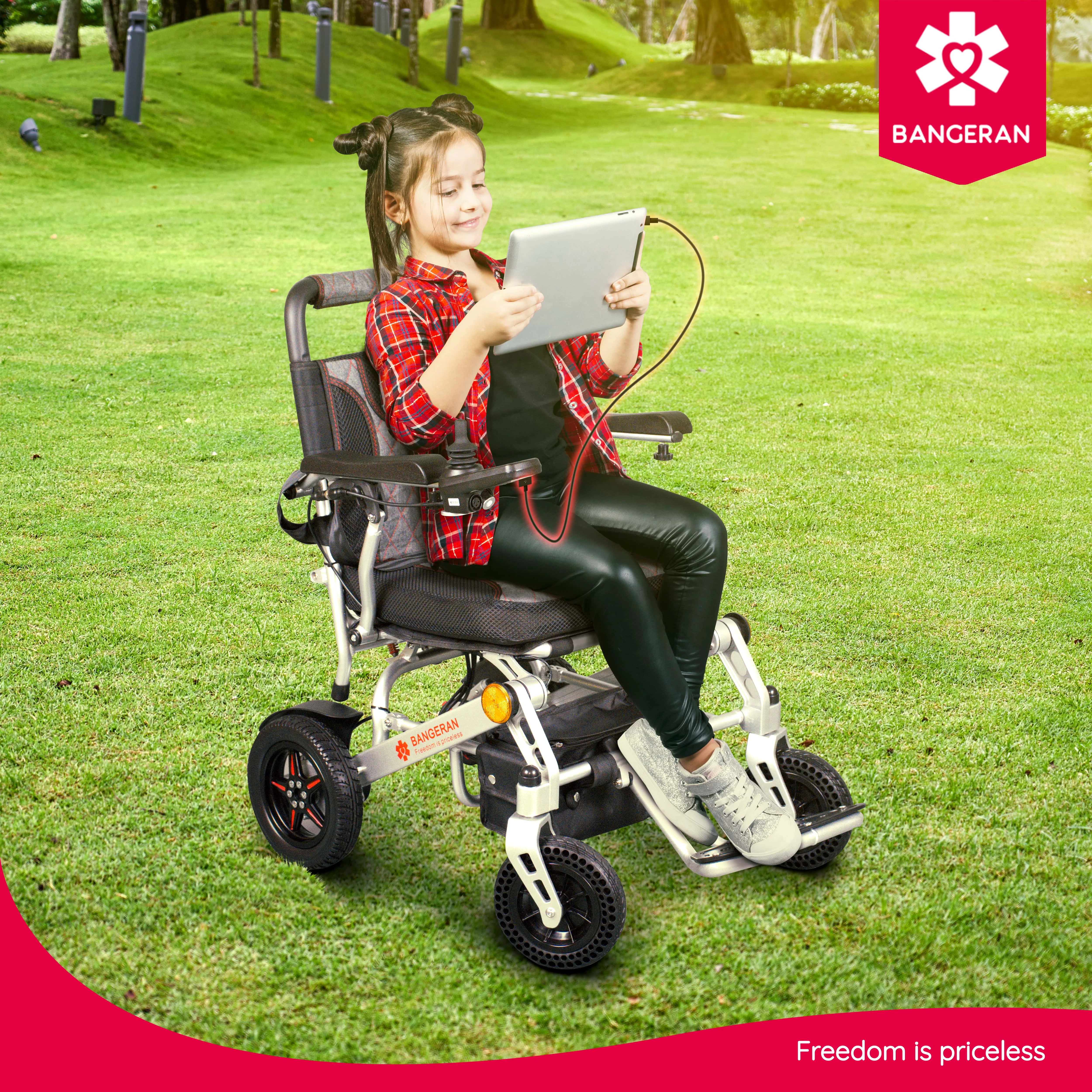 Pegasus Ultra Lightweight Foldable Pediatric Electric Wheelchair | Wheelchairs for Children & Small-Statured People | Wheelchair Accessories - Digital Joystick with USB Port & Headlight | Black - Curated Treasures Market