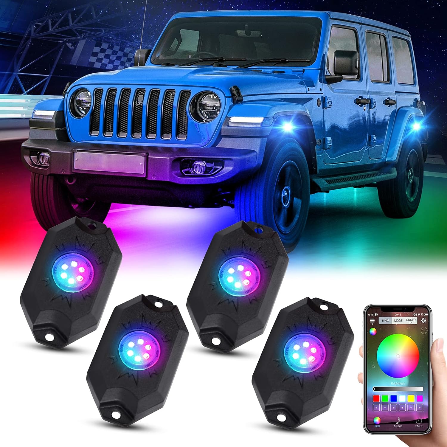 AMONLY RGBW Led Rock Lights Kit, Multicolor Underglow Waterproof Neon Lights With APP Control Timing Function Flashing Music Mode Exterior Light Compatible with Jeep Off Road Car Truck ATV UTV, 4 Pods