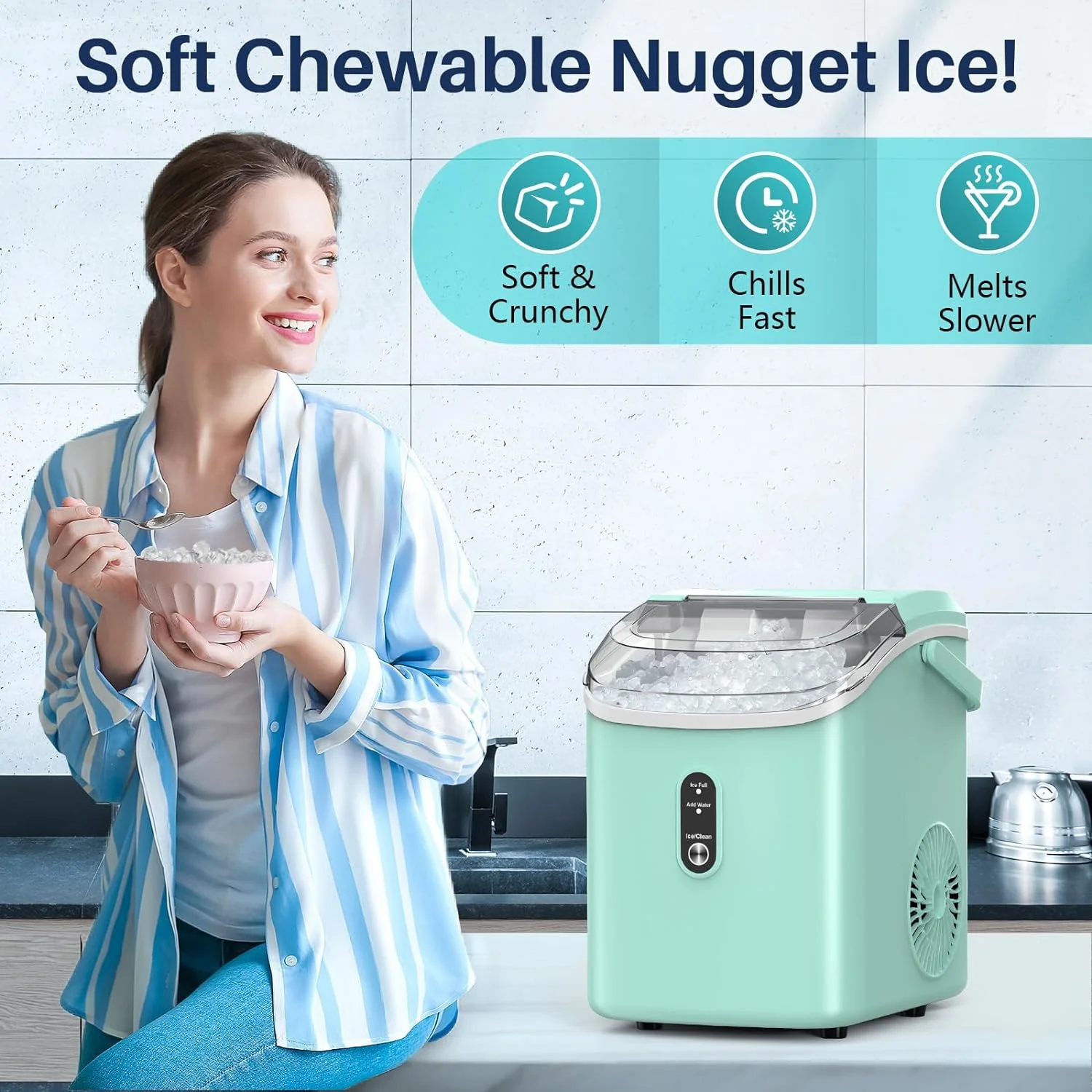 Nugget Ice Maker Countertop, Pebble Ice Maker with Soft Chewable Pellet Ice, 33Lbs/Day, Self-Cleaning, One-Click Operation, Portable Nugget Ice Machine for Home Office Kitchen Bar Party - Curated Treasures Market