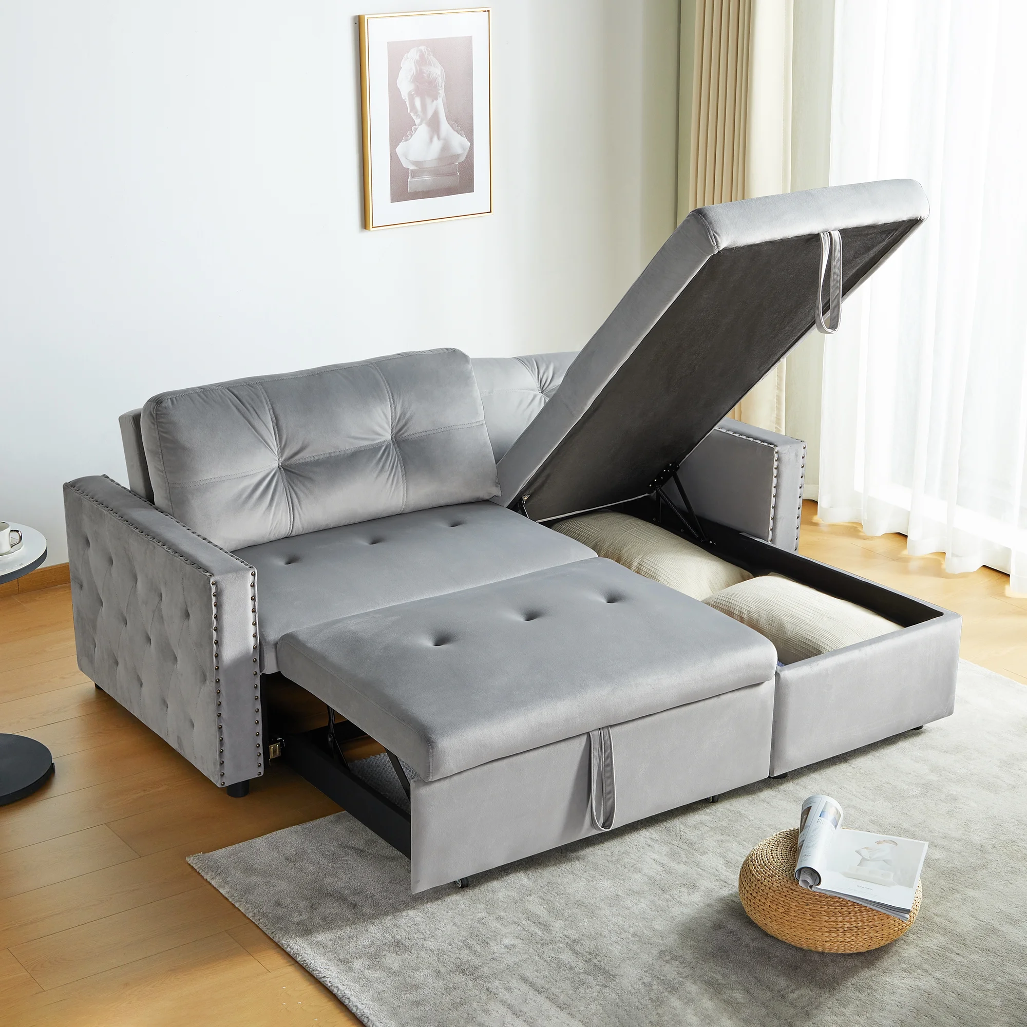 Giratree 3-in-1 Sofa Bed King Size, L Shaped Couch with Storage, Double Chaise Lounge Bed, Gray
