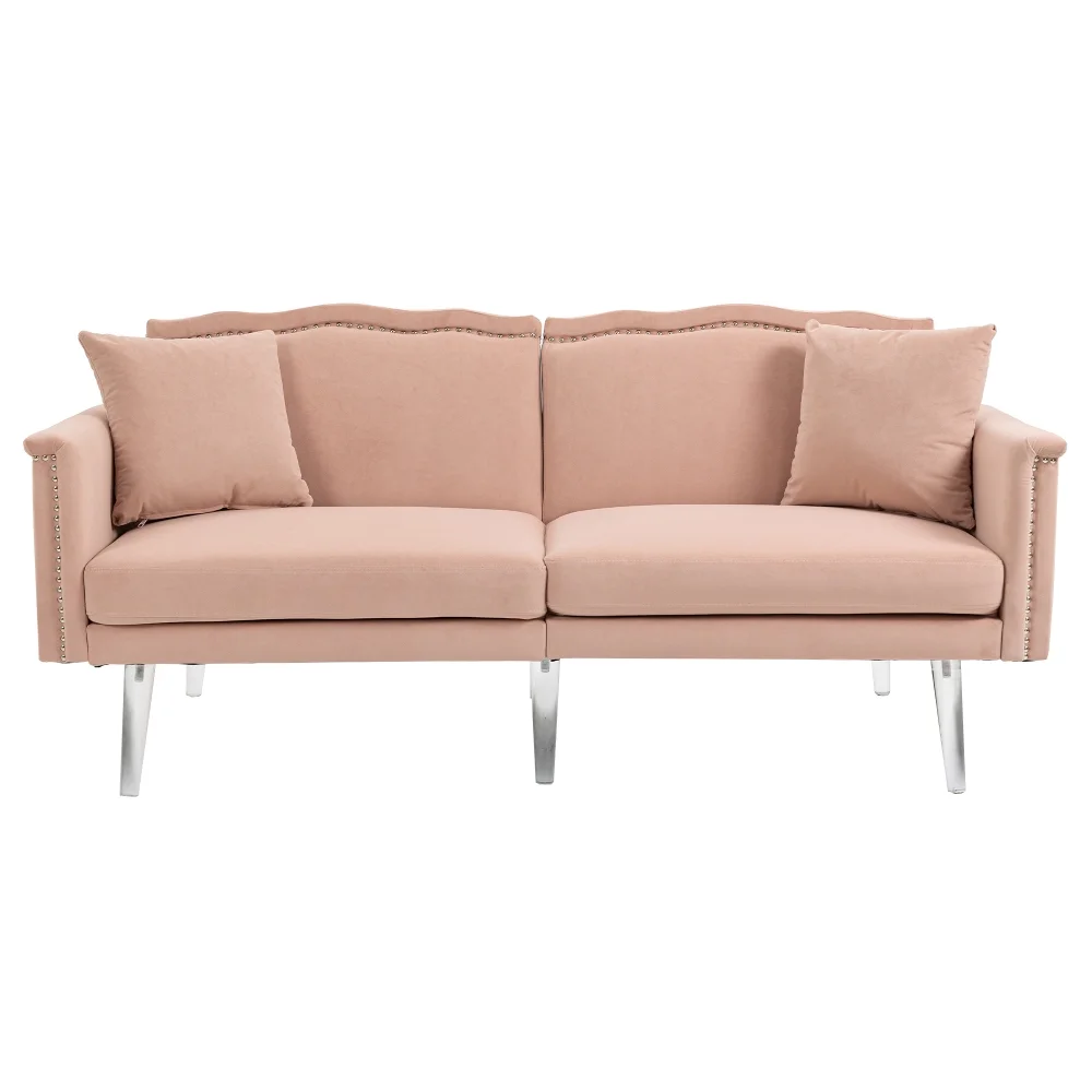 Velvet Couch, 3-Seater Loveseat Couches for Living Room, Mid Century Modern Tufted Sofa for Small Space, Bedroom, Apartment, Home Office,Pink
