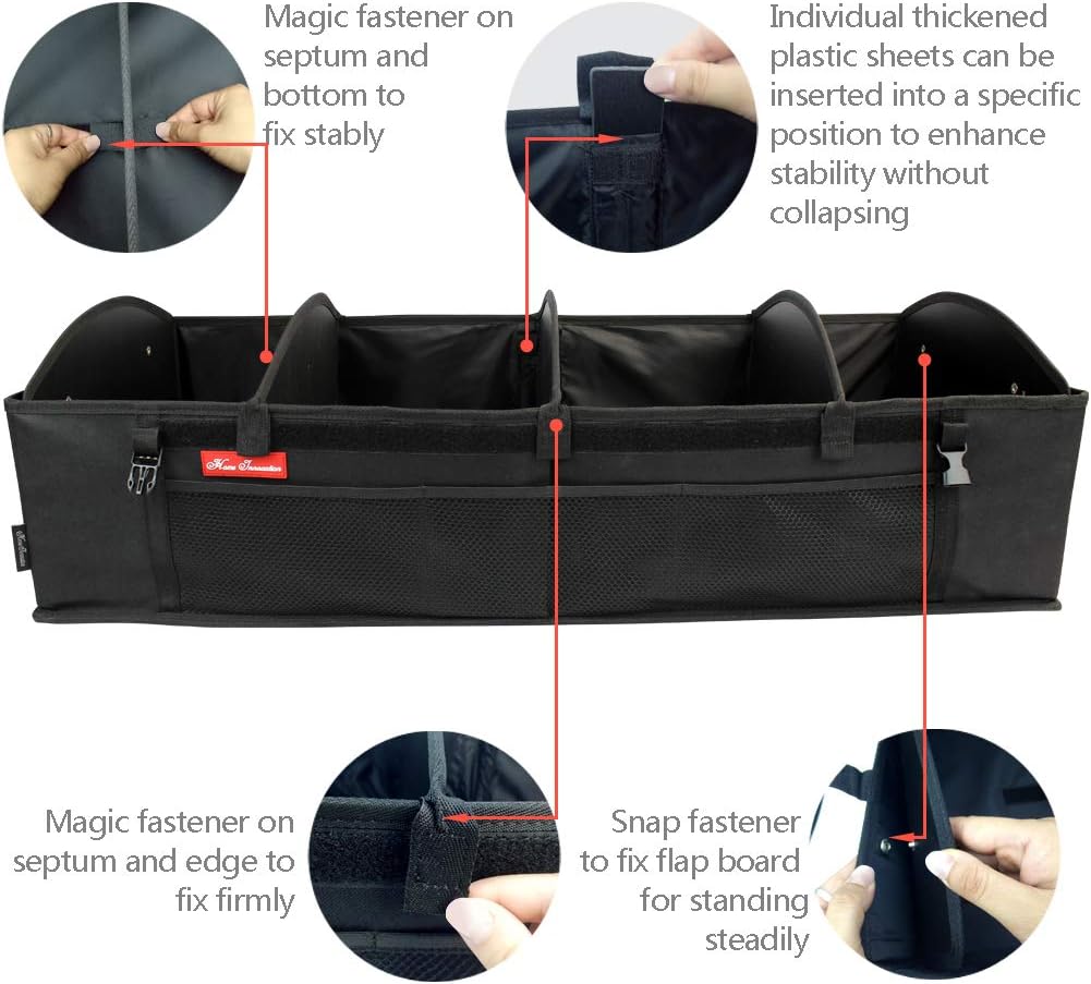 Trunk Organizer for SUV Car, Truck, Auto, Minivan - 4 Adjustable Compartments Foldable Portable Trunk Organizer, Heavy Duty Durable Car Organizer, Removable Flexible Cargo Storage Bag