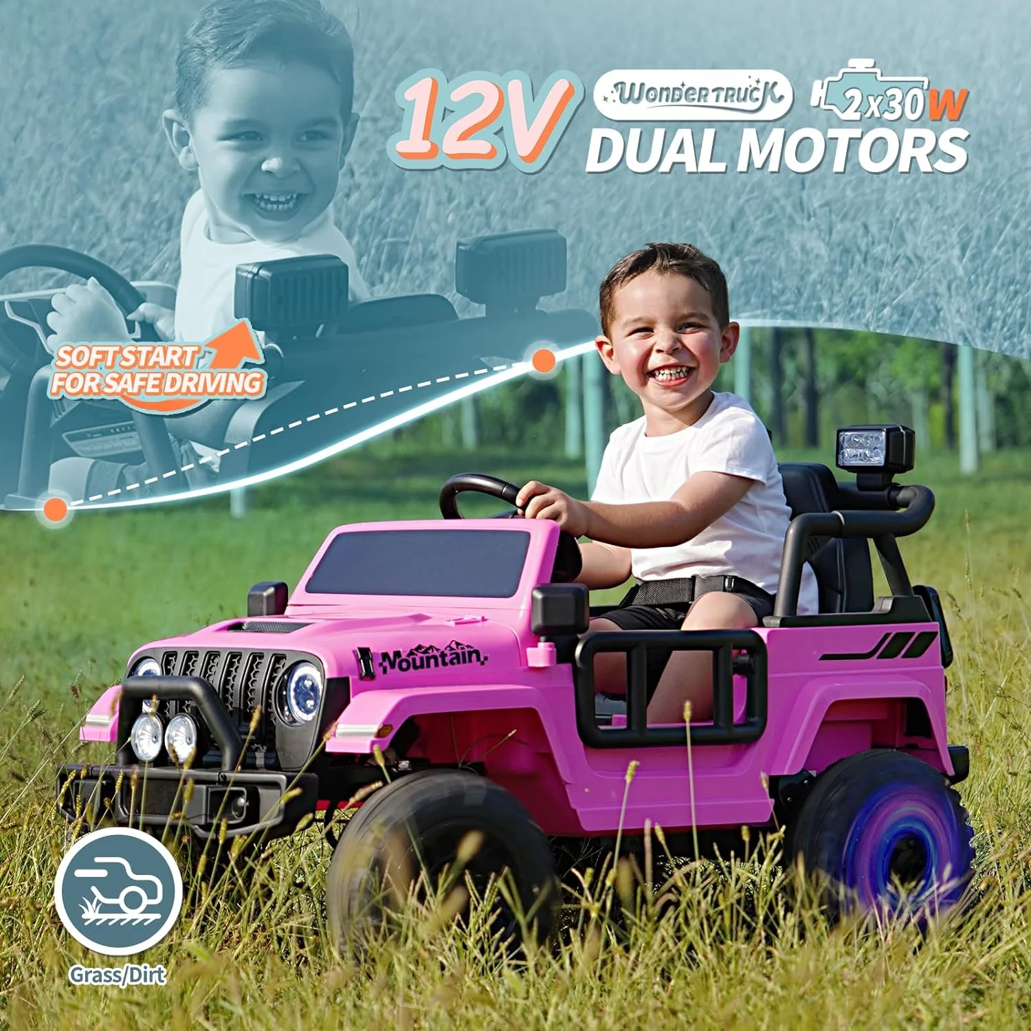 Joywhale 12V Kids Ride on Truck Battery Powered Motorized Car Electric Vehicle for Kids, with Remote Control, 4-Wheel Suspension, LED Lights, Music & FM, Seat Belt, Portable Handle, Pink - Curated Treasures Market