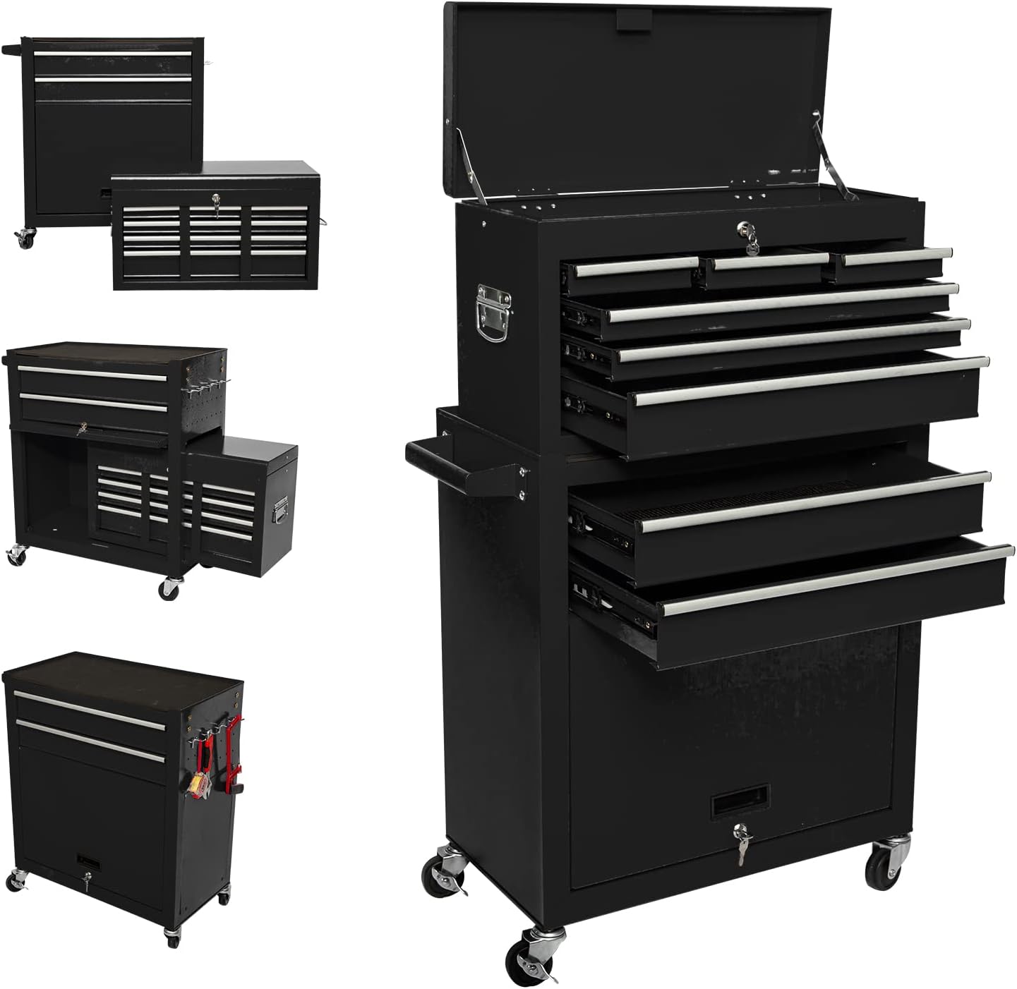 8-Drawer High Capacity Tool Chest With 4 Wheels,Lockable Rolling Garage Tool Box and Tool Storage Cabinet,Removable Portable Set-Top Box Tool Organizer With Drawer For Factory Workshops (RED)