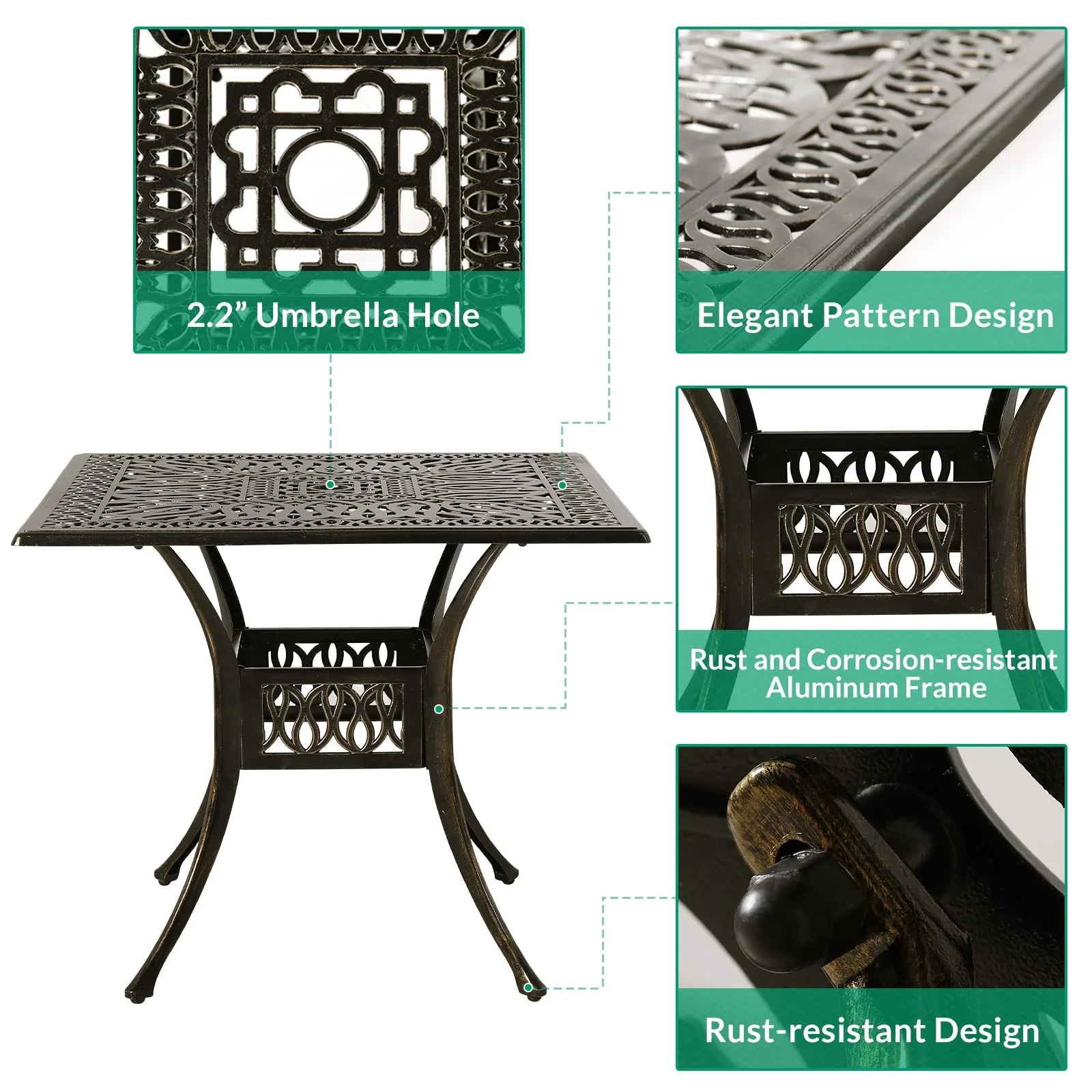 VIVIJASON 5-Piece Outdoor Patio Dining Set, All-Weather Cast Aluminum Conversation Set, Patio Furniture Set for Balcony Lawn Garden, Include 4 Swivel Cushioned Chairs, 1 Square Table w/Umbrella Hole