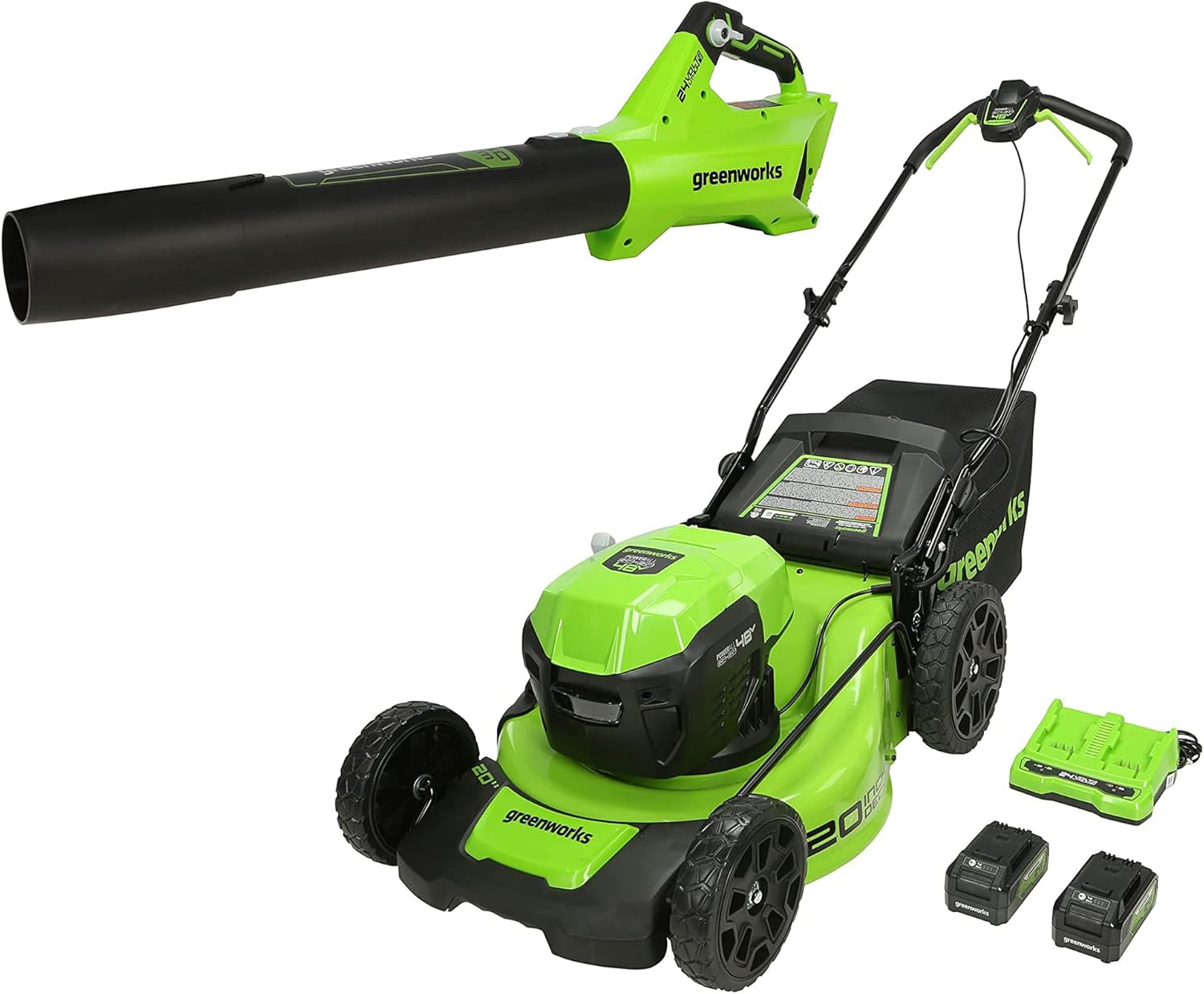 Greenworks 2 x 24V (48V) 20" Brushless Cordless Push Lawn Mower, (2) 4.0Ah USB Batteries (USB Hub) and Dual Port Rapid Charger Included