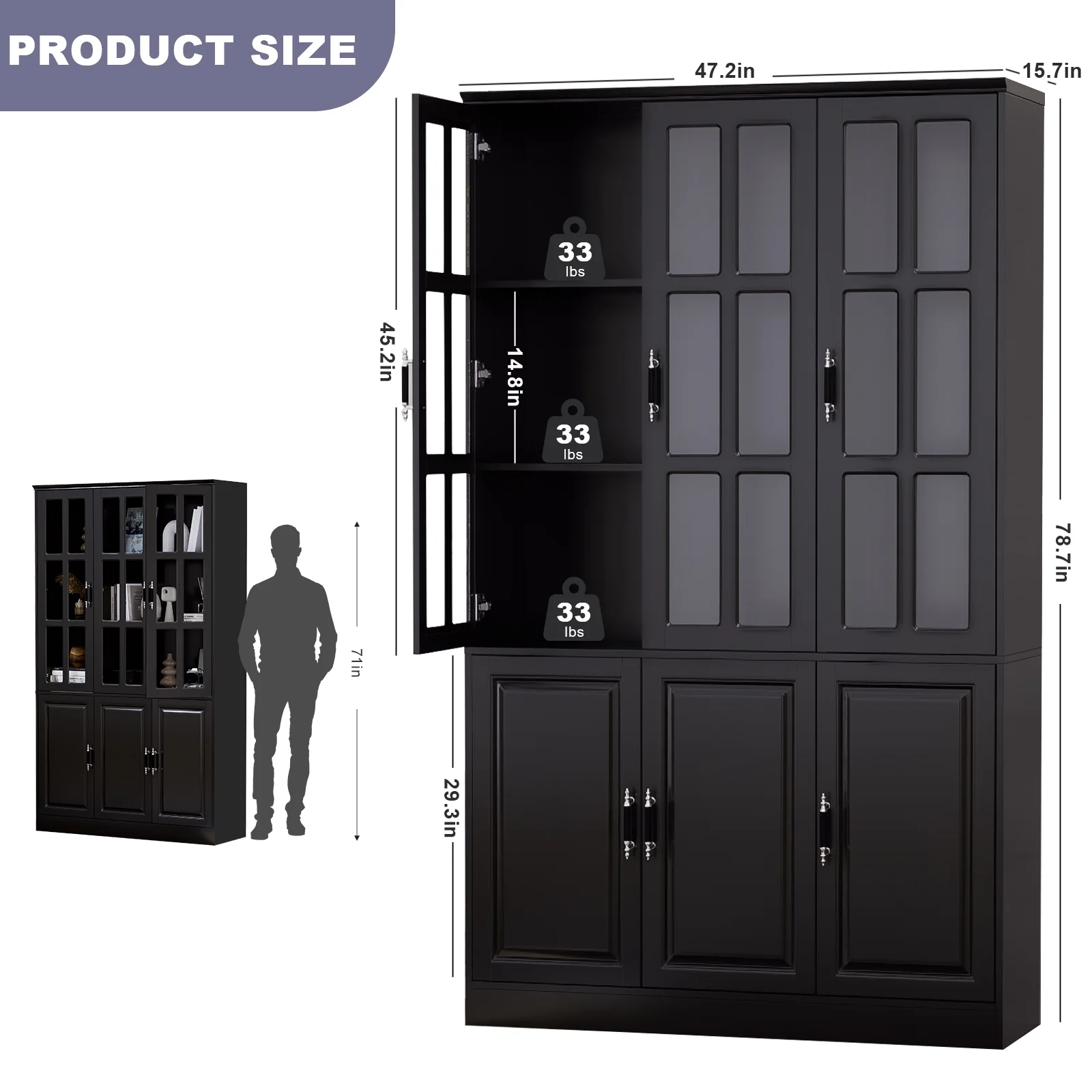 MEISSALIVVE Kitchen Pantry Storage Cabinet, 78.7" Tall Pantry Cabinet with Glass Doors & Shelves, Freestanding Kitchen Hutch Utility Pantry, Food Pantry Cabinet Cupboard, Black (47.2" W x 15.7" D) - Curated Treasures Market