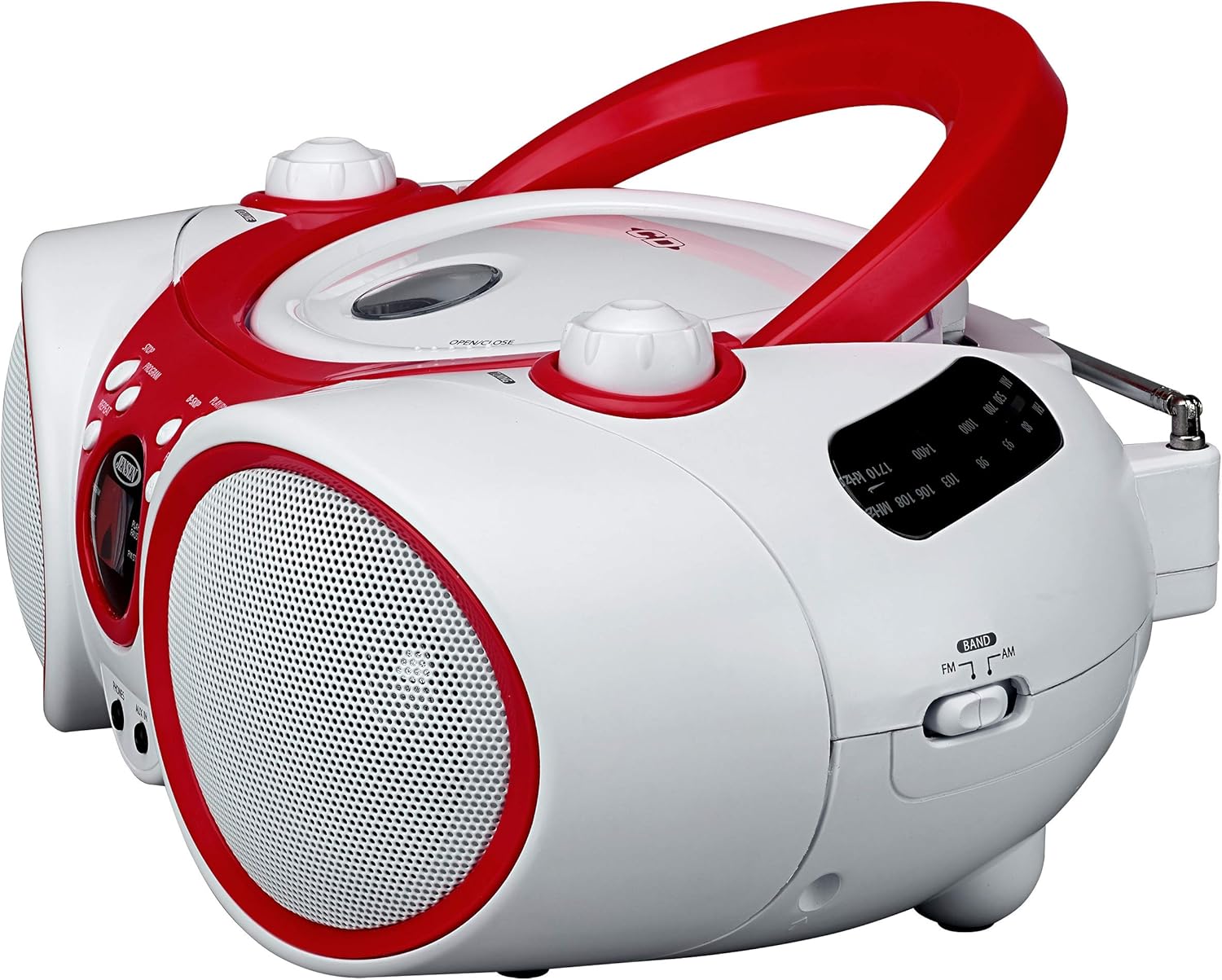 Jensen CD Boombox CD-490 White/Red Portable Stereo Boombox + CD-R/RW Player with AM/FM Radio and Aux Line-In (Limited Edition Color) Pack of 2