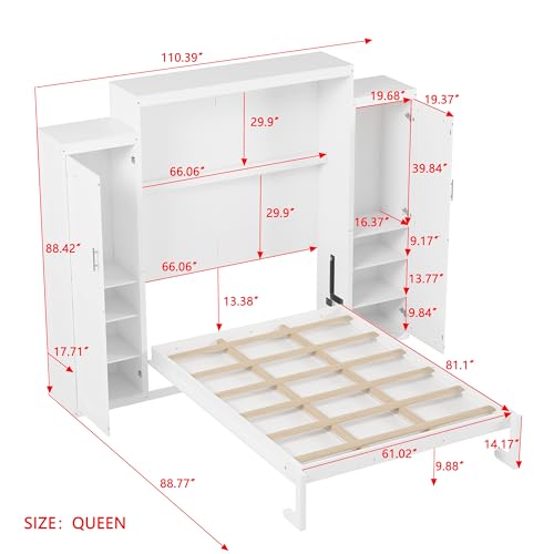 KLMM Wooden Murphy Bed Wall Bed with 2 Wardrobe and Storage Shelf,Foldable Platform Bedframe for Guest-Room Bedroom Study Office Use (White#E, Full)