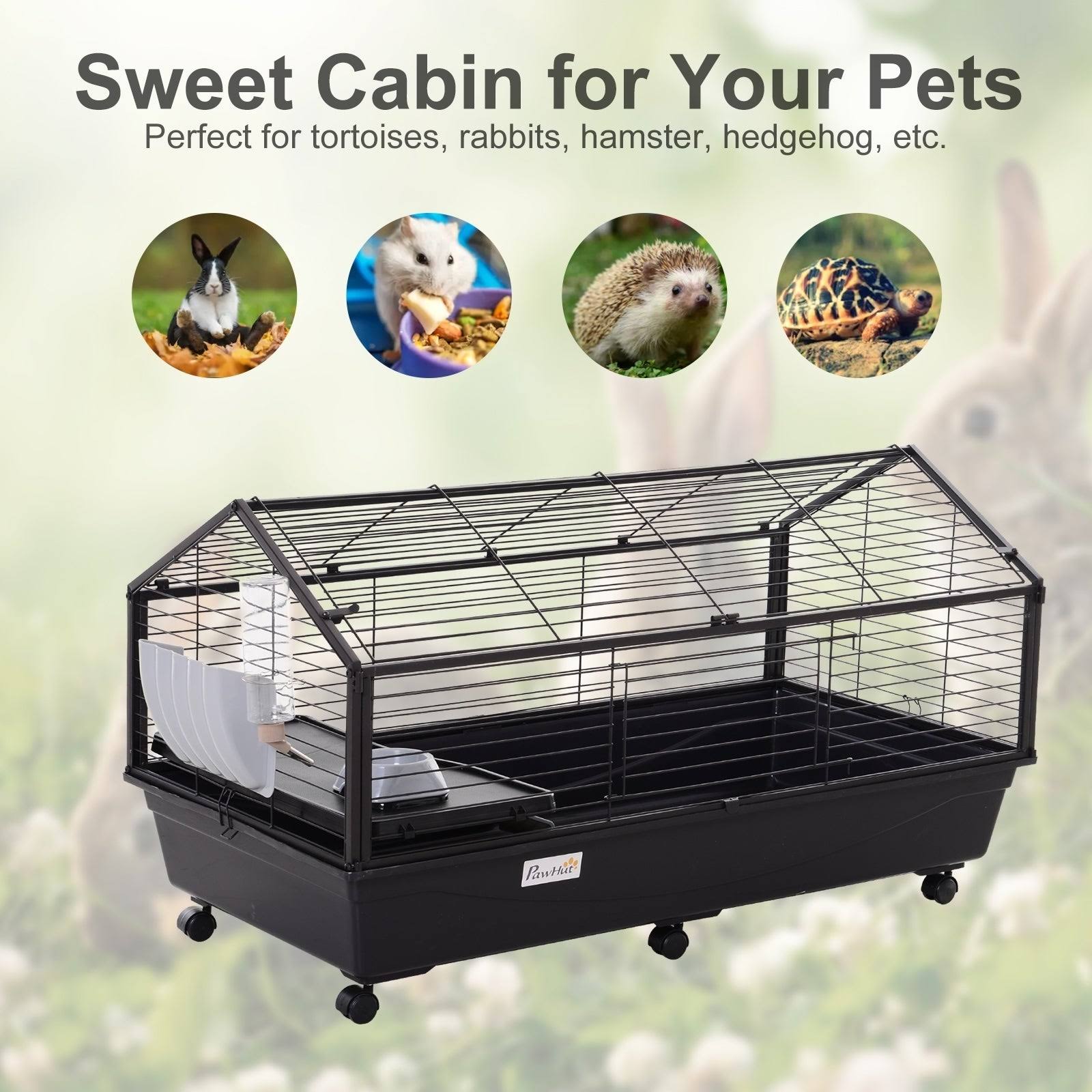 PawHut Rolling Metal Rabbit, Guinea Pig, or Small Animal Hutch Cage with Main House and Run, 47x22 L