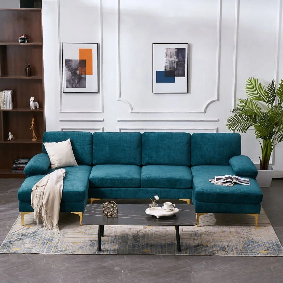 SYTHERS Convertible Sectional Sofa U-Shaped Couch 4-Seat Modern Chenille Sectional Sleeper Sofa with Memory Foam & Double Chaise & Comfortable Backrest, Oversized Seats, Dark Blue
