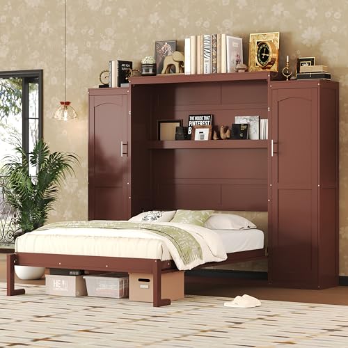 KLMM Wooden Murphy Bed Wall Bed with 2 Wardrobe and Storage Shelf,Foldable Platform Bedframe for Guest-Room Bedroom Study Office Use (White#E, Full)