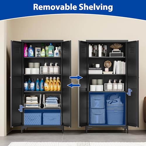 Kitchen Pantry Storage Cabinet with Adjustable Shelves Metal Cupboard Storage Cabinet with Adjustable Feet Pantry Cabinet for Kitchen, Living Room Dinning Room Bathroom. (Black, 61 inch)
