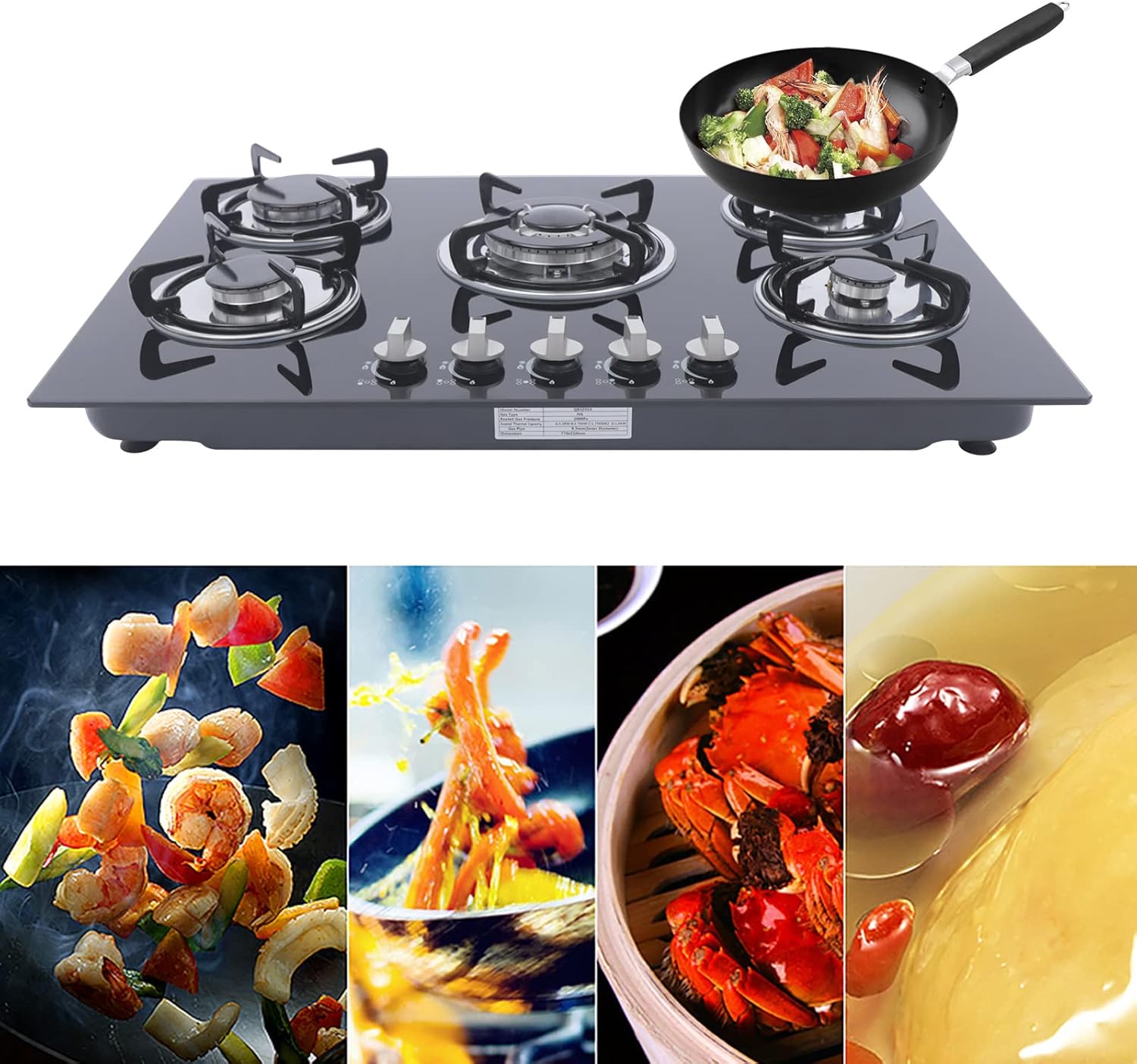5 Burners Gas Cooktop, 30'' LPG/NG Built-In Stove Top Gas Hob Tempered Glass Stovetop Cooker Gas Stove Top Cooktop Kitchen Cooktop for Apartments, Home, Kitchen, RVS