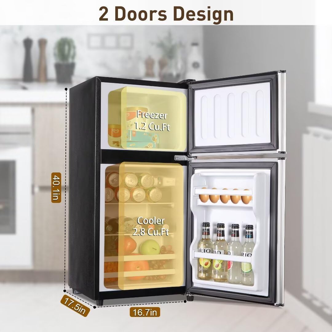 Apartment Size Refrigerator, 4.0 Cu.Ft Double Door Refrigerator with LED Lights and Adjustable Shelves, Suitable for Apartments and Offices, Silver