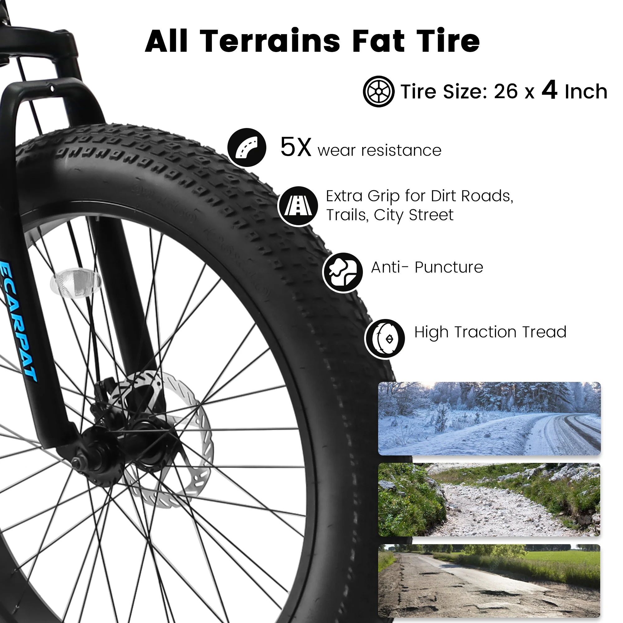 26 Inch Fat Tires Mountain Bike, 26x4" Wide Wheels, 21-Speed Mens Womens Trail Beach Snow Commuter City Mountain Bike, Carbon Steel Frame Disc Brakes Grip Shifter Front Fork Bicycles