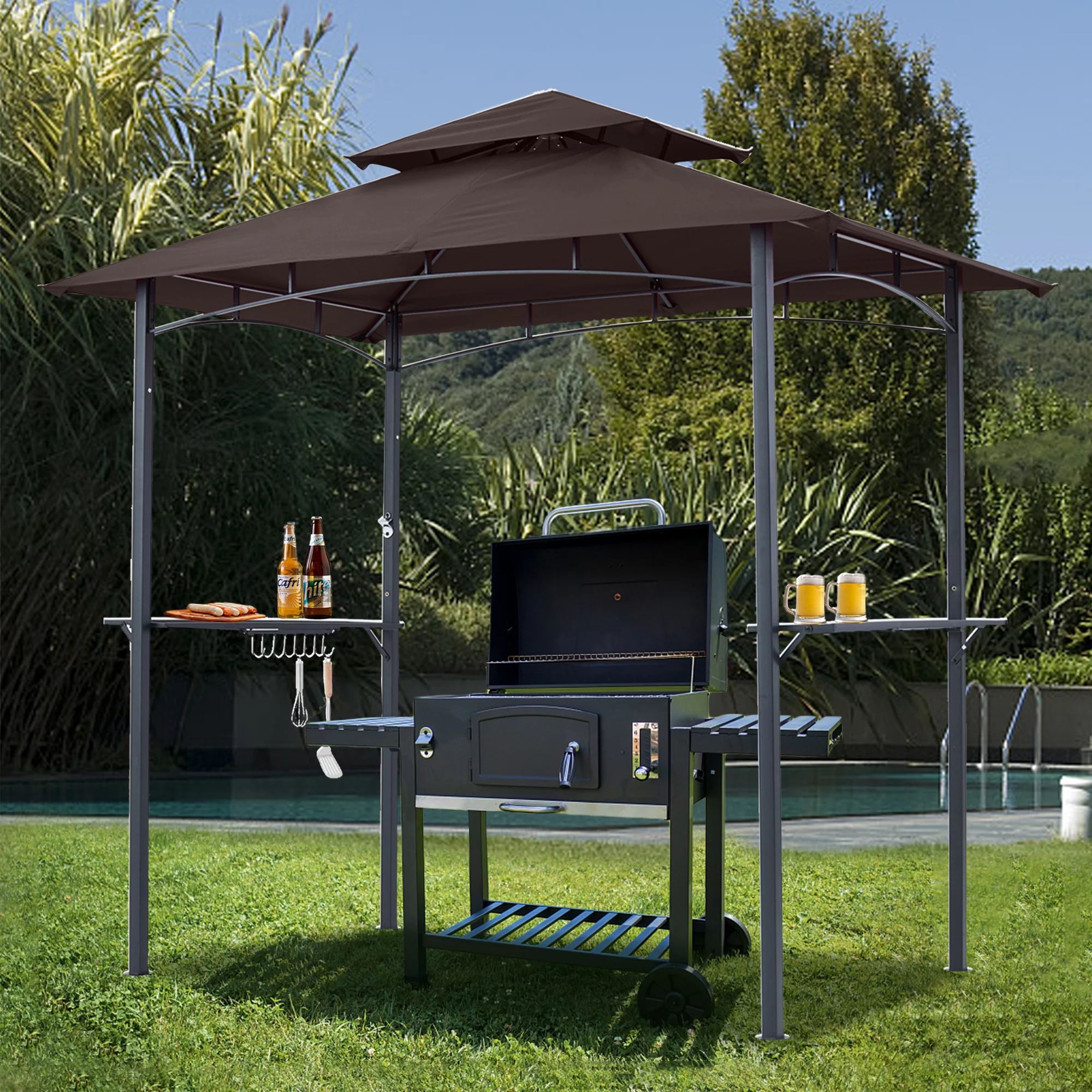 ABCCANOPY 8'x 5' Grill Gazebo Shelter, Double Tier Outdoor BBQ Gazebo Canopy with LED Light(Brown)
