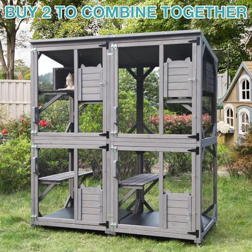 Catio Outdoor Cat Enclosure,Cat House with Wheels,Upgraded cat Scratching Post，Resting Box,Waterproof Roof for Patio Garden (Grey, 31.5" L x 31.5" W x 70.9" H)