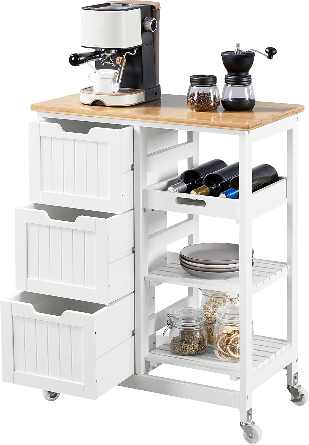 Topeakmart Rolling Kitchen Cart with Drawers and Open Shelves, Kitchen Island Serving Cart with Bamboo Top for Dinning Room, Laundry, White