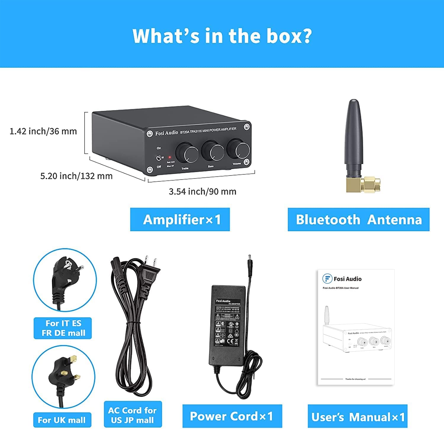 Fosi Audio BT20A Bluetooth 5.0 Stereo Audio 2 Channel Amplifier Receiver Mini Hi-Fi Class D Integrated Amp 2.0 CH for Home Speakers 100W x 2 with Bass and Treble Control TPA3116 (with Power Supply) Pack of 2