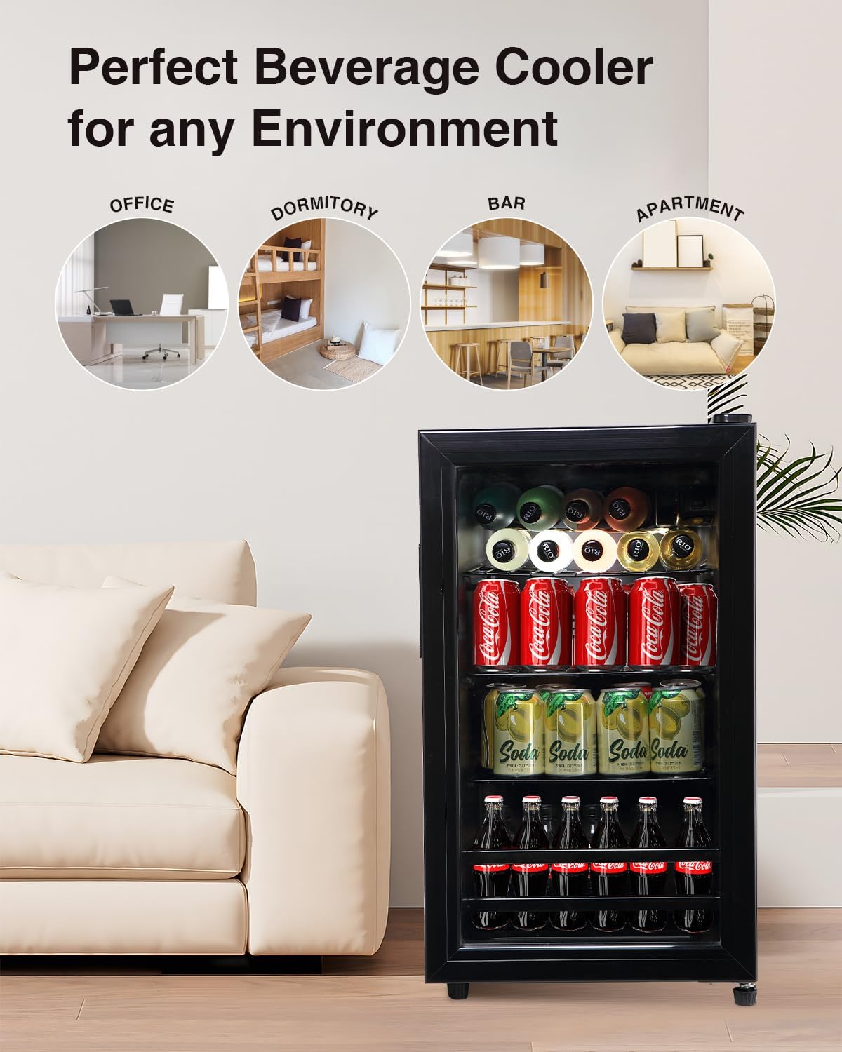 Beverage Refrigerator Cooler - 120 Can Freestanding Beverage Cooler with Glass Door - Small Drink Dispenser Machine for Office or Bar with Adjustable Removable Shelves