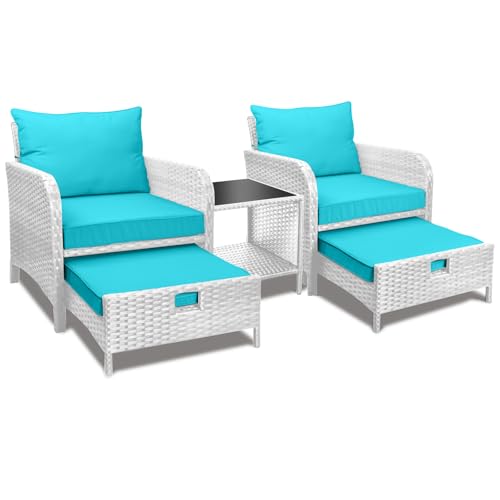 LEVELEVE Balcony Furniture 5 Piece Patio Conversation Set, PE Wicker Rattan Outdoor Lounge Chairs with Soft Cushions 2 Ottoman&Glass Table for Porch, Lawn-Brown Wicker