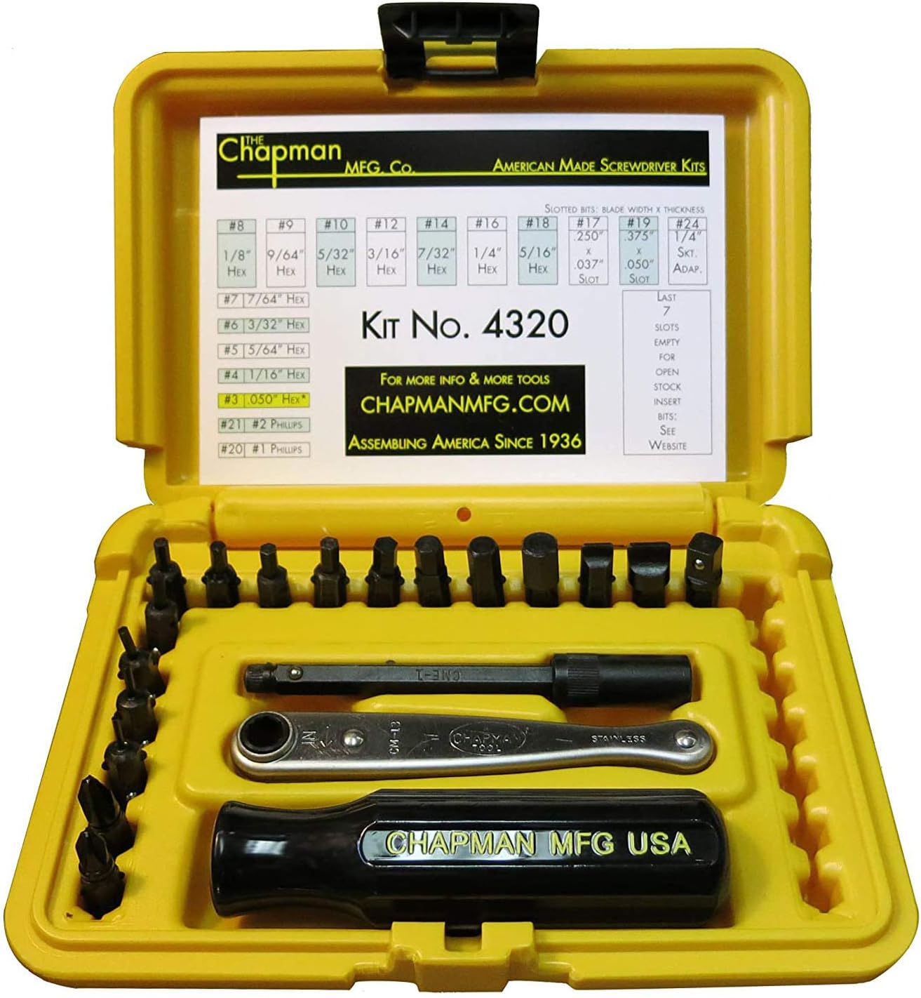 Chapman MFG 7331 All-Purpose Standard Screwdriver Set - Includes Phillips, SAE Allen Hex & Slotted/Flathead Bits, Complete Set Offers 24 USA Made Insert Bits + Mini Ratchet Hand Tool (Desert Tan Case)