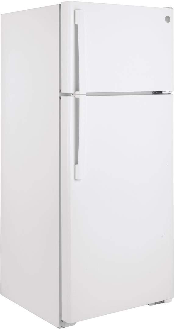GE GTE18DTNRWW 28" Energy Star Qualified Top Freezer Refrigerator with 17.52 cu. ft. Capacity, LED Lighting, Adjustable Wire Shelves and Upfront Temperature Controls in White