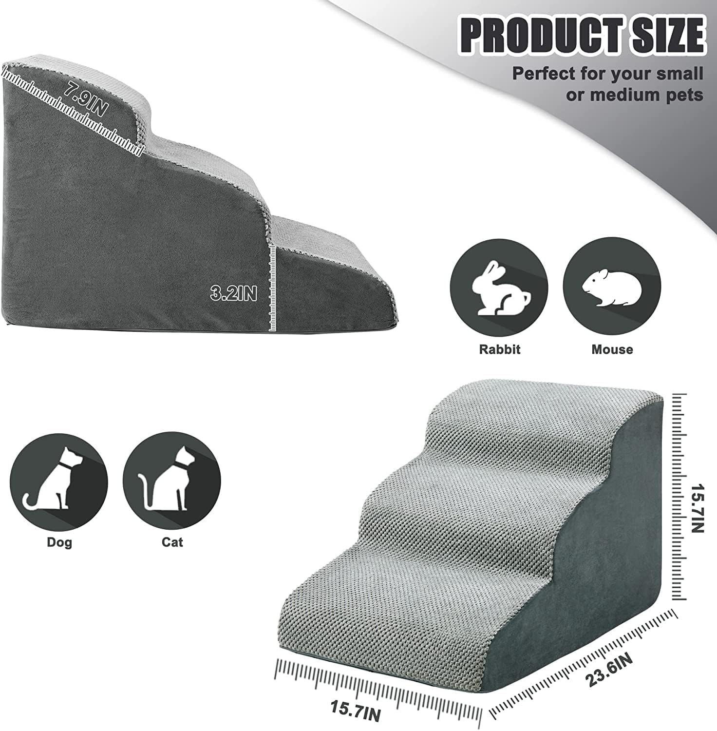 MALOROY Foam Dog Ramps, Dog Stairs Ladder Pet Ramp Stairs Non-Slip Pet Step for Older Dogs, Pet with Joint Pain, Sofa Bed Ladder for Cats (Grey)