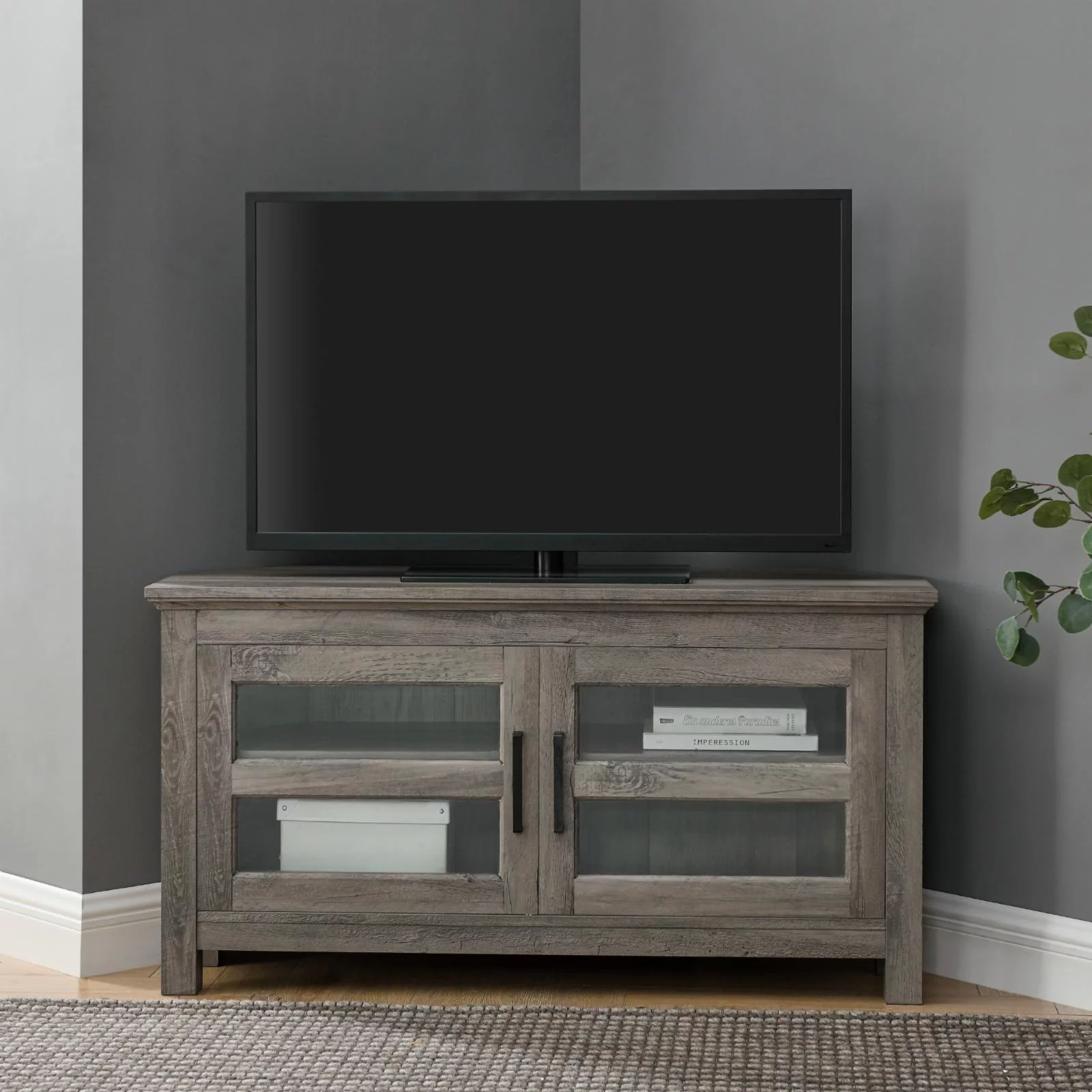 44" Transitional Farmhouse Wood Corner TV Console in Grey Wash