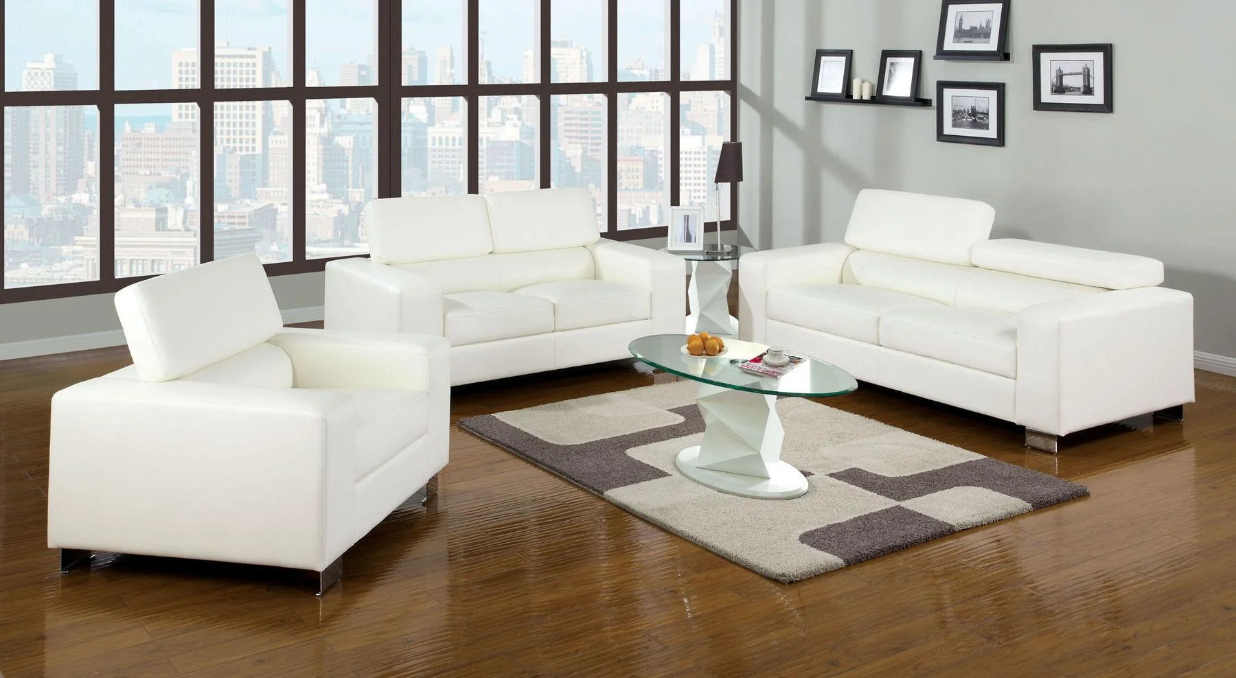 Contemporary White Bonded Leather Sofa and Loveseat Furniture of America Makri