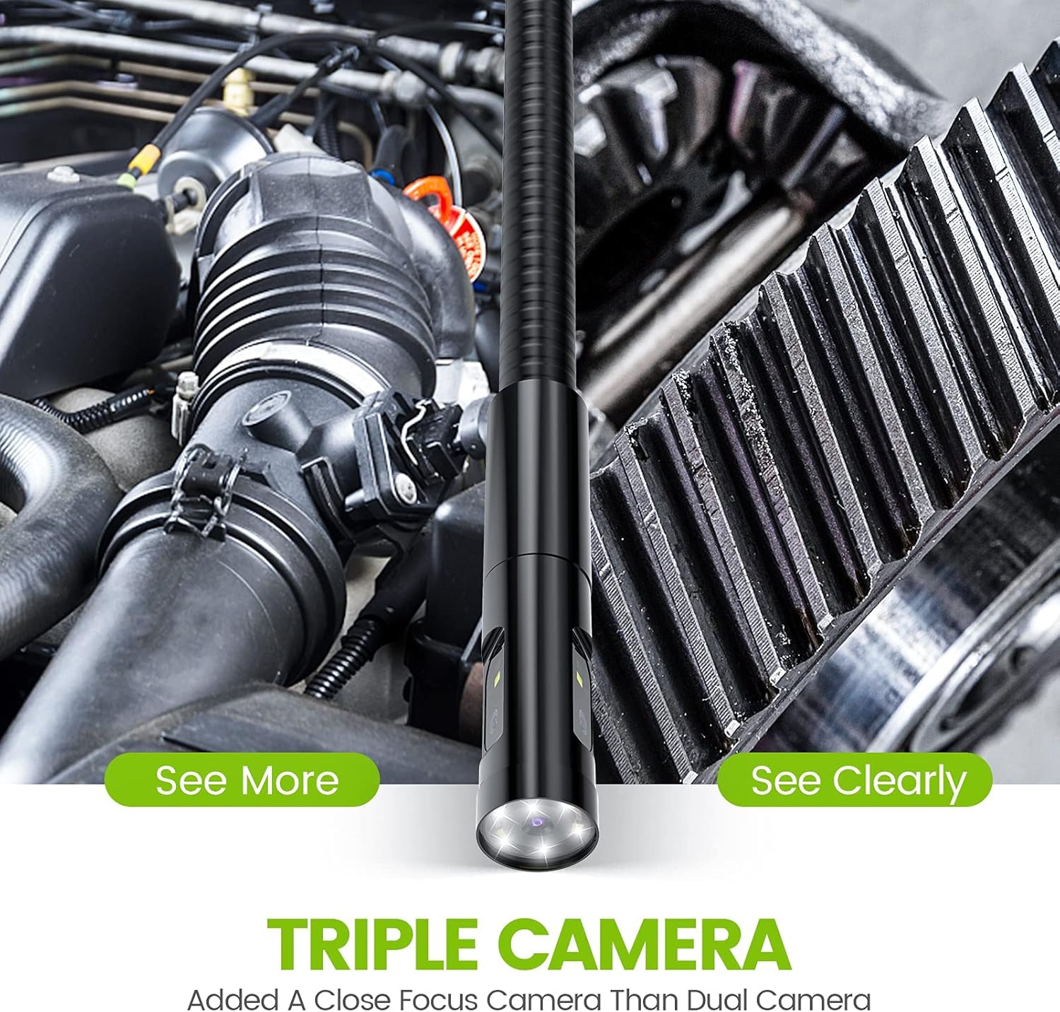 Triple Lens Endoscope, Teslong NTS500 Industrial Borescope Inspection Camera with 5inch 720P HD Screen, Automotive Snake Scope Camera Probe with Light, Home Waterproof Sewer Fiber Optic Camera(16.5ft)