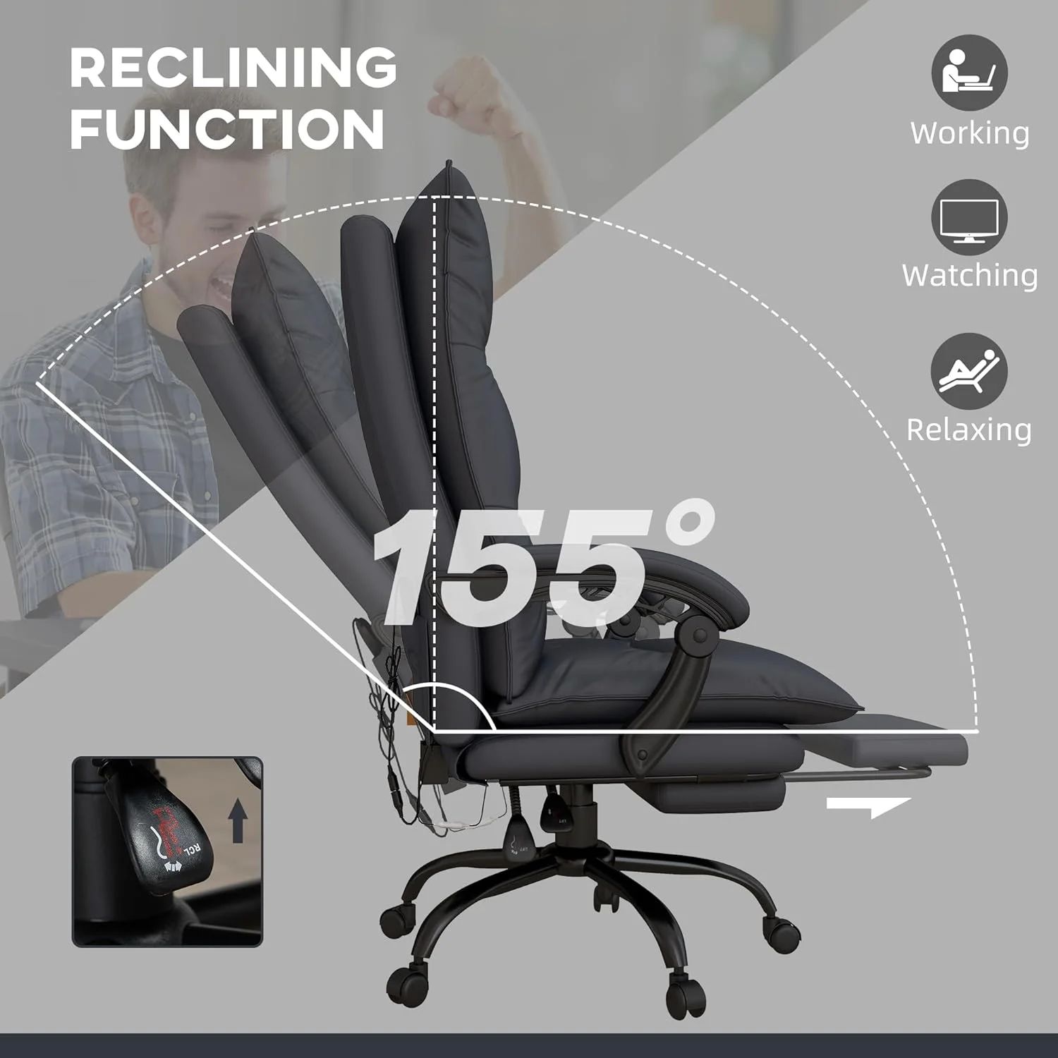 Massage Office Chair With 6 Vibration Points, Executive Computer Desk Chair, Heated Reclining Chair With Footrest, Armrest, Double Padding - Charcoal Gray