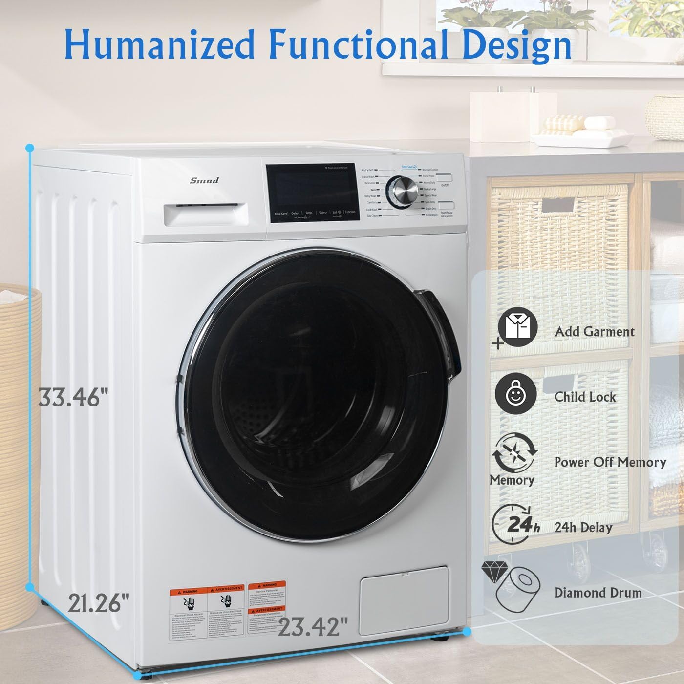 Smad 2.7 Cu.Ft Compact Front Load Washing Machine Cold Wash Laundry Machine 36 Mins Quick Wash, 14 Washing Programme Space Saving Washer
