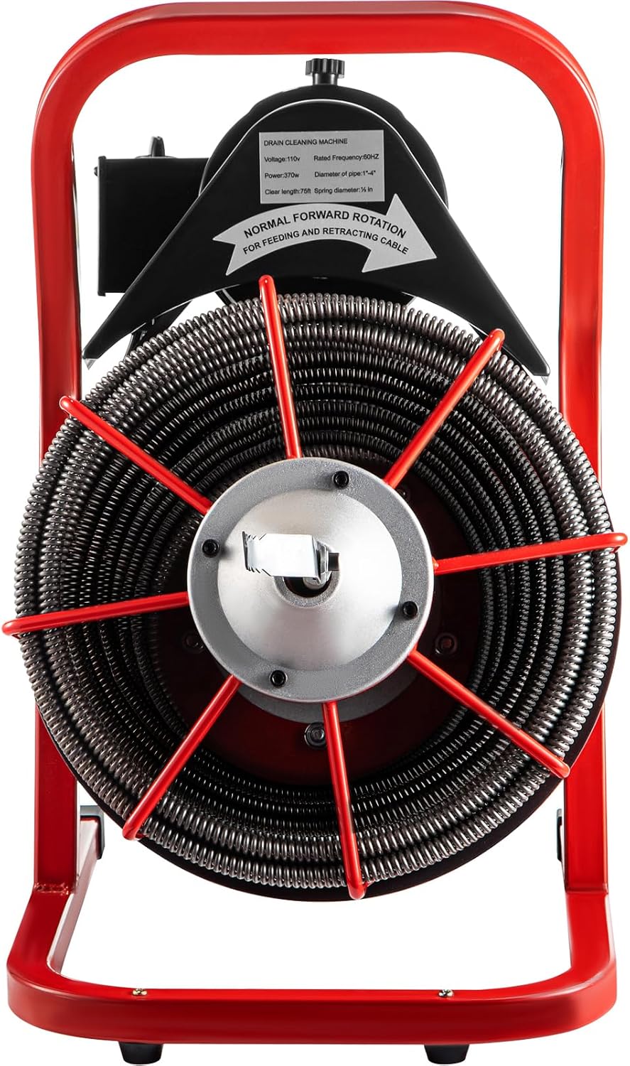 VEVOR 75FT x 1/2 Inch Drain Cleaning Machine 370W Sewer Snake Auger Cleaner Electric Clog Remover Plumbing Tool with 4 Cutters & Air-Activated Foot Switch for 1" to 4" Pipes, Red, Black